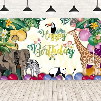 Happy Birthday Banner for Jungle Safari Theme Party Decorations, Fabric Animal Zoo Backdrop Tropical Forest Poster for Boys Girls Wall Supplies, 185*110cm