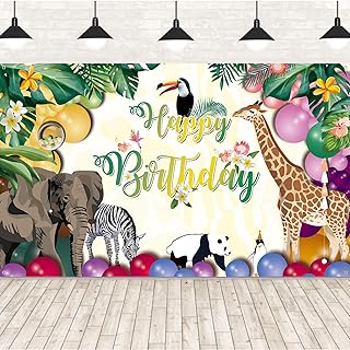 Happy Birthday Banner for Jungle Safari Theme Birthday Party Decorations, Fabric Animal Zoo Theme Birthday Party Backdrop Tropical Forest Poster for Boys Girls Birthday Party Wall Supplies, 185*110cm
