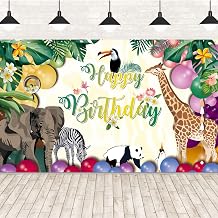 Happy Birthday Banner for Jungle Safari Theme Party Decorations, Fabric Animal Zoo Backdrop Tropical Forest Poster for Boys Girls Wall Supplies, 185*110cm