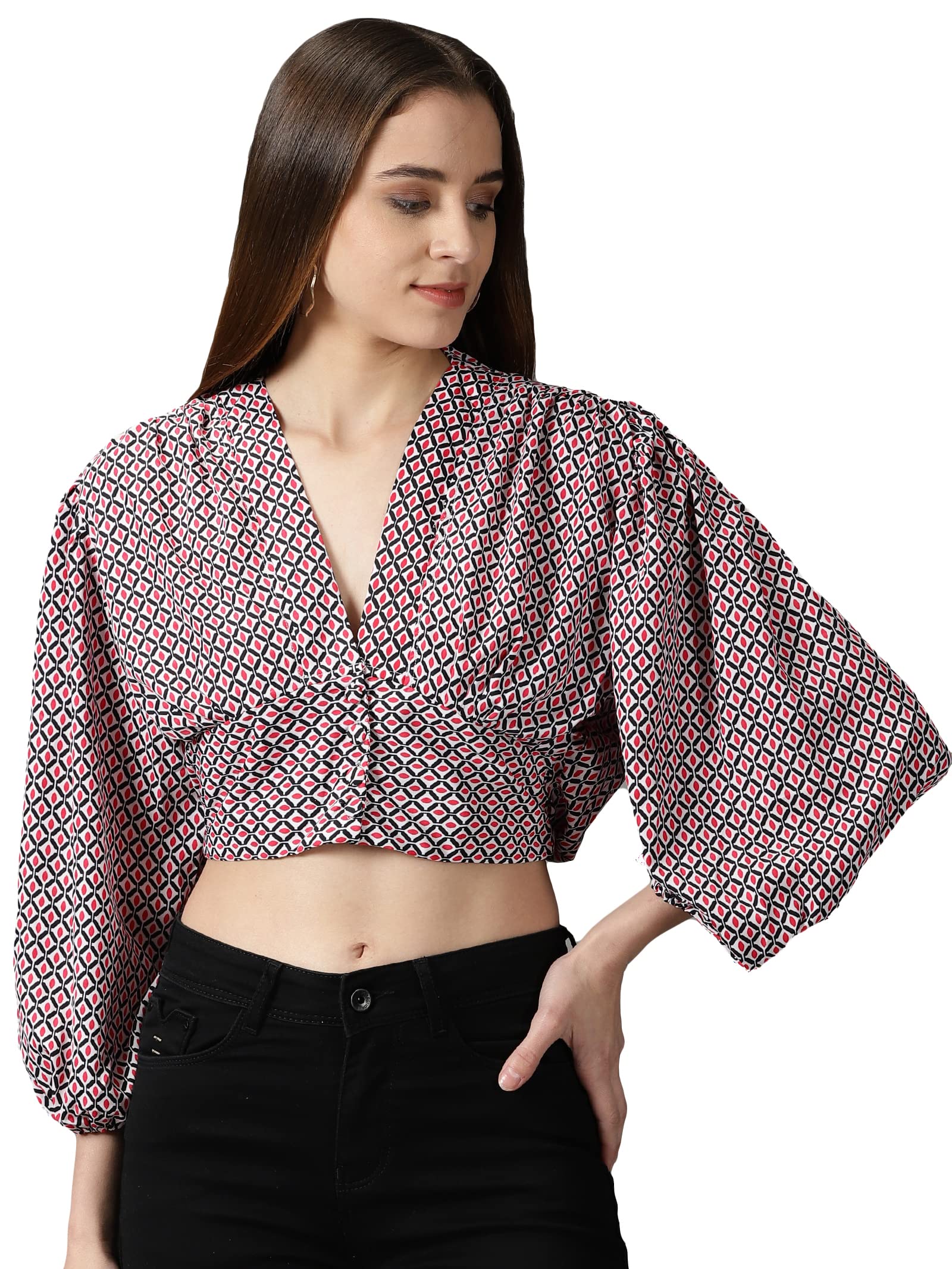 SHOWOFF Women's Long Sleeves V-Neck Black Printed Top-AE-10575_Black-image-3