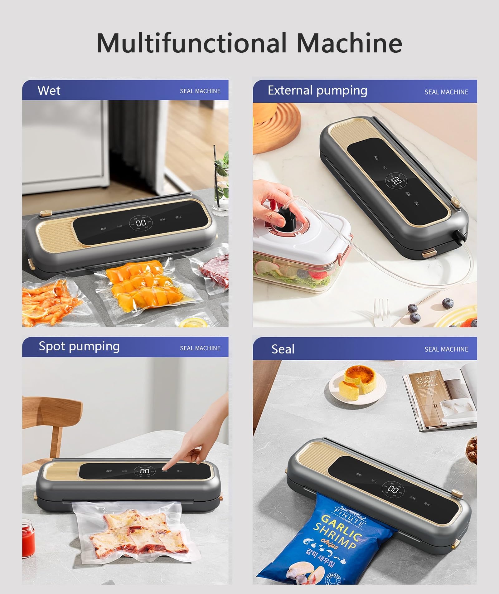 Vacuum Sealer Machine for Food Storage, 65kPa Powerful Seal with Cutter, Compact Food Preserver for Dry, Wet, Oil & Powder (Gray/White/Black)(Gray)