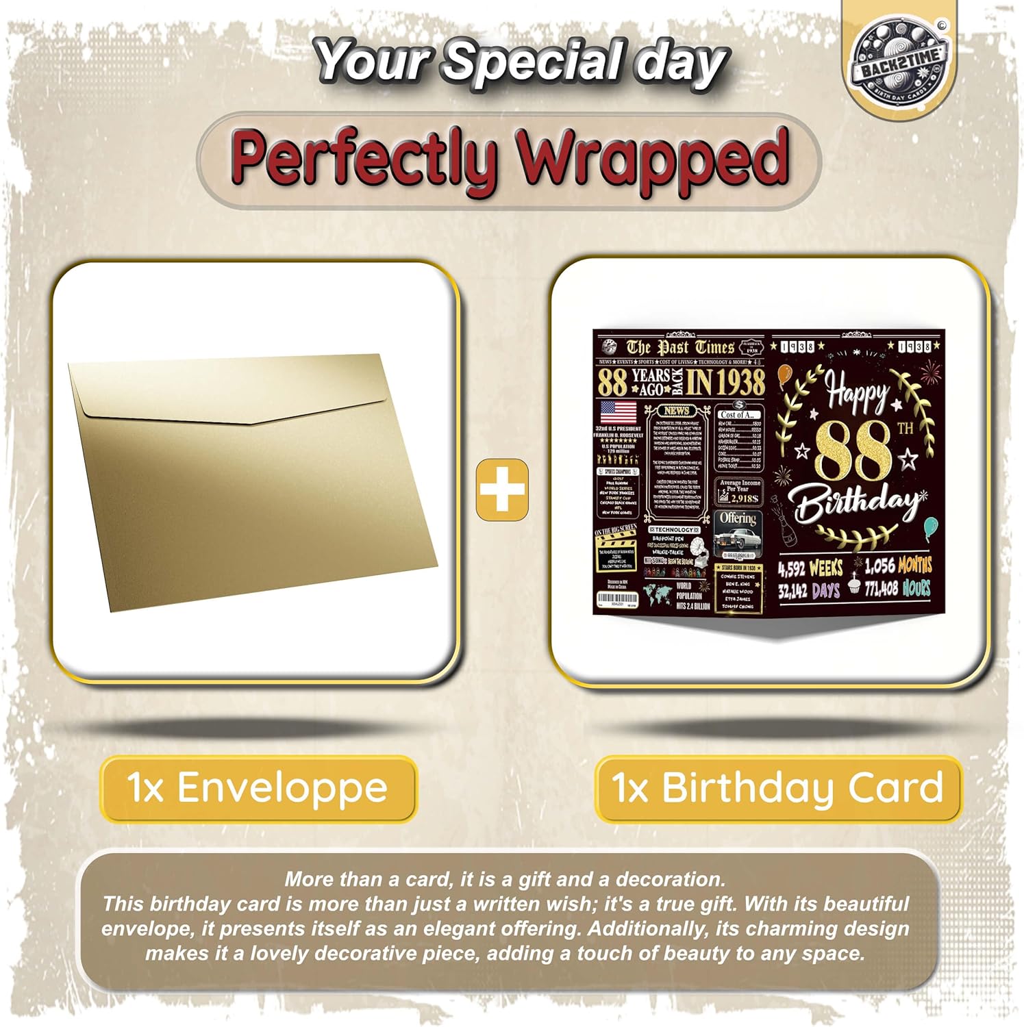 88th Birthday Card for Women Men - Back In 1938 Black & Gold - 88 Happy BIRTHDAY card - 88th birthday gift for Her Him - JUMBO size - 88th birthday decorations Dad Mom - Best gifts for 88 year old - Image 6