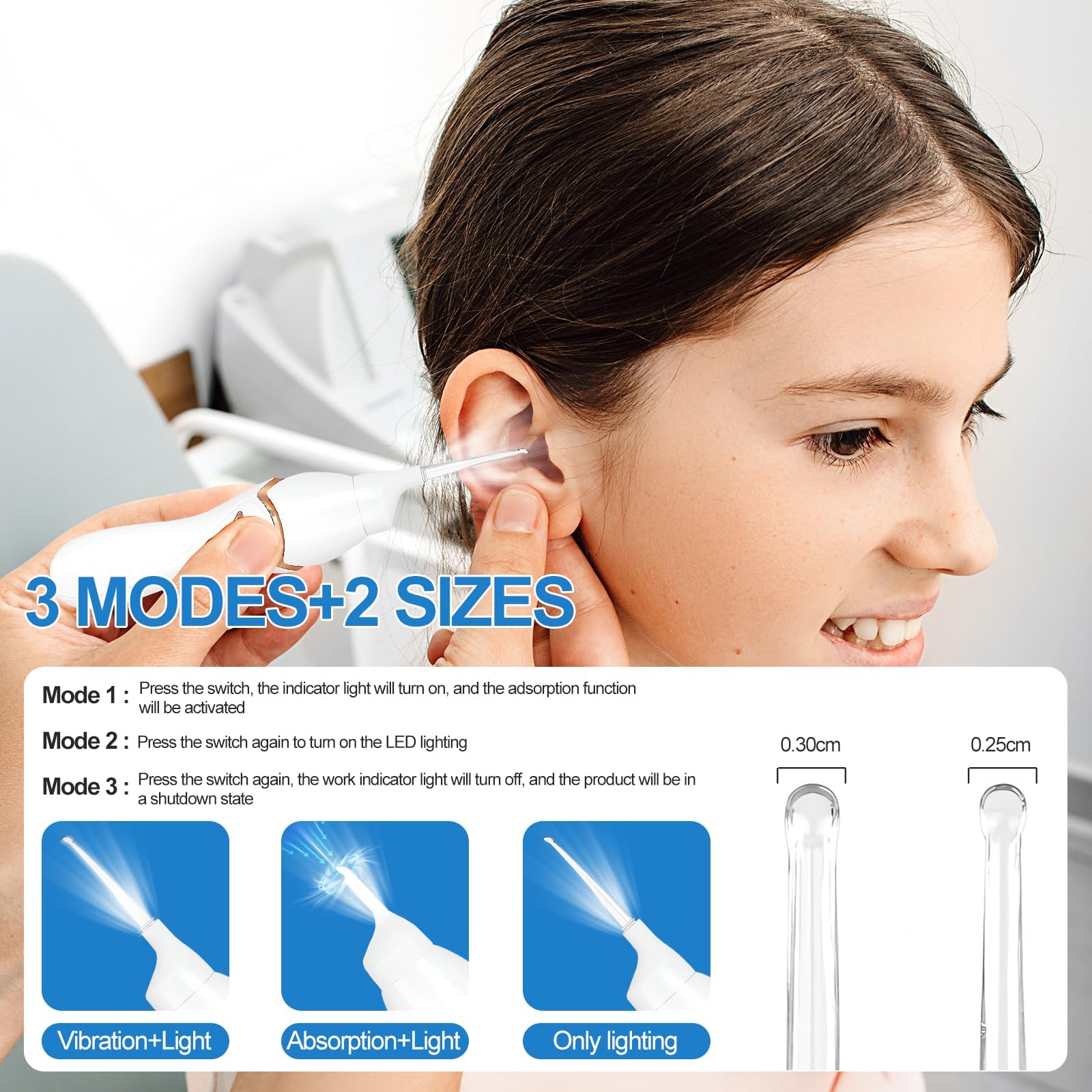 Aspirateur de Cérumen avec Lumière LED et 5 Têtes de Rechange Trois Mois, Nettoyeur D'Oreille éLectrique, Puissant Aspirateur D'oreille électrique Pour Bebe et Adulte
