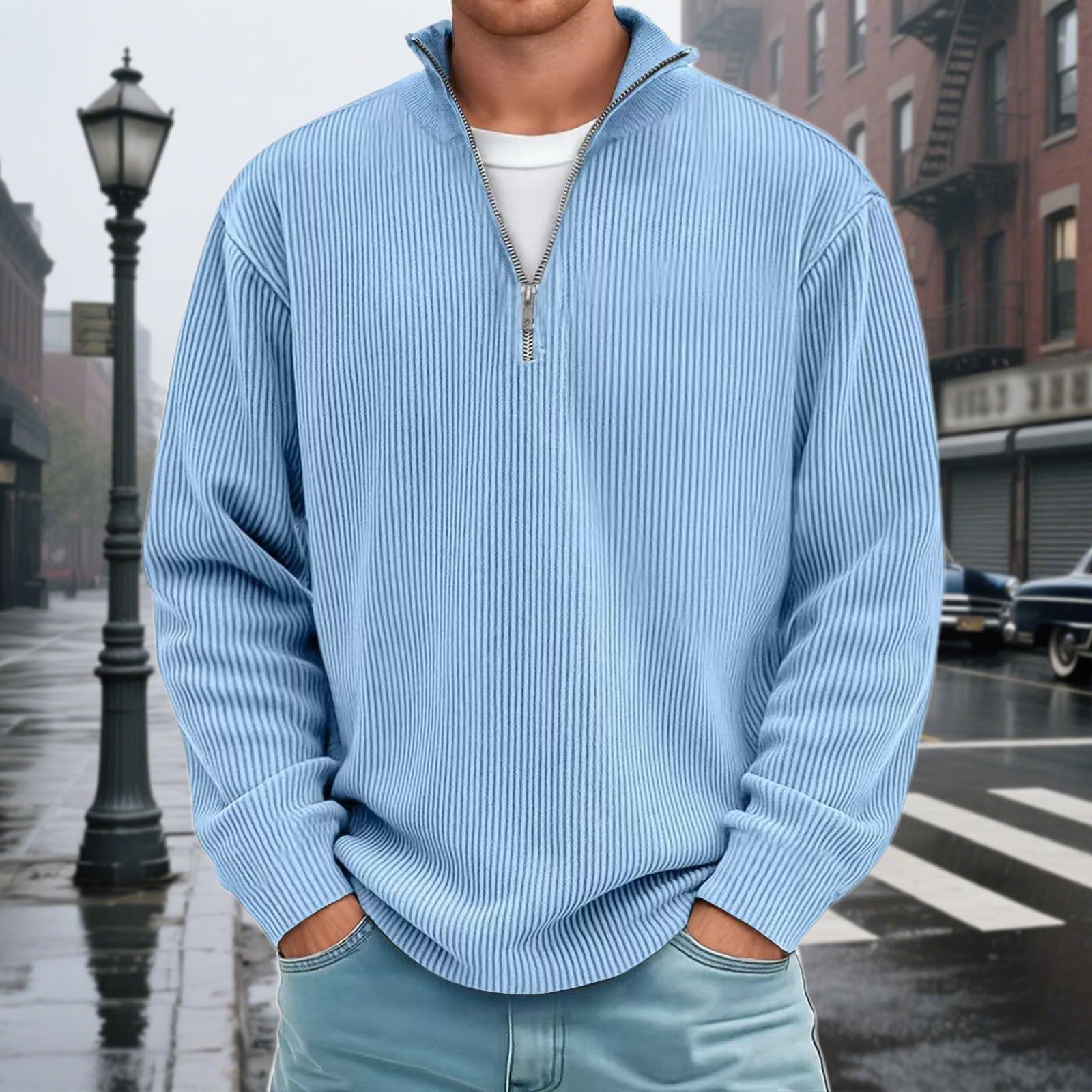 Generisch Sweatshirt Herren Zip Neck Ohne Kapuze Männer Sweater Soft Pullover mit Reißverschluss Winter Warm Langarmshirt Regular Fit Arbeitspullover Fleecepullover
