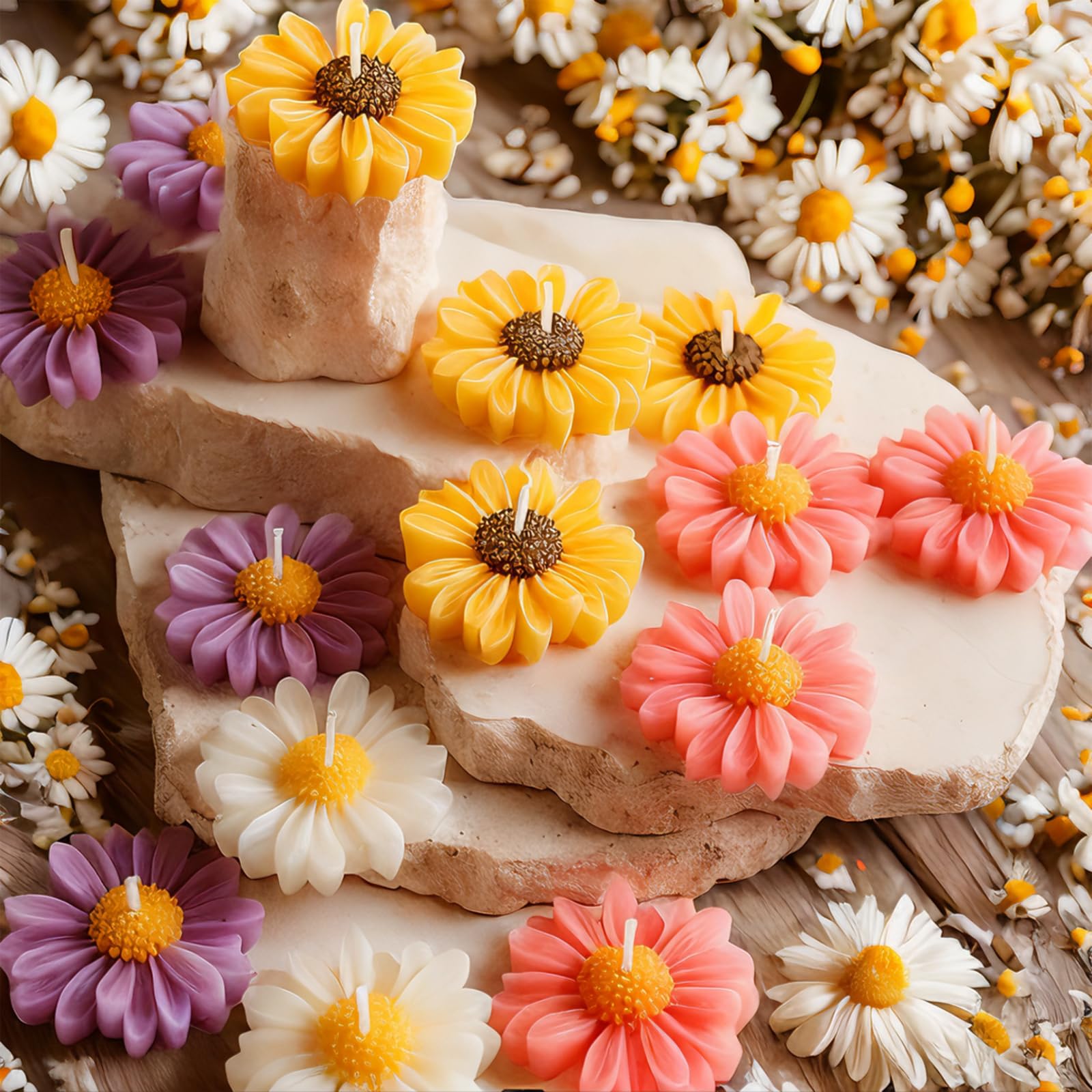 Chamomile Flower-Shape Scented Candles,4 Pack Daisy Blossom Soy Wax Aroma Aesthetic Decorative Candle for Home,Wedding,Gifts,Photo Props,Long-Lasting