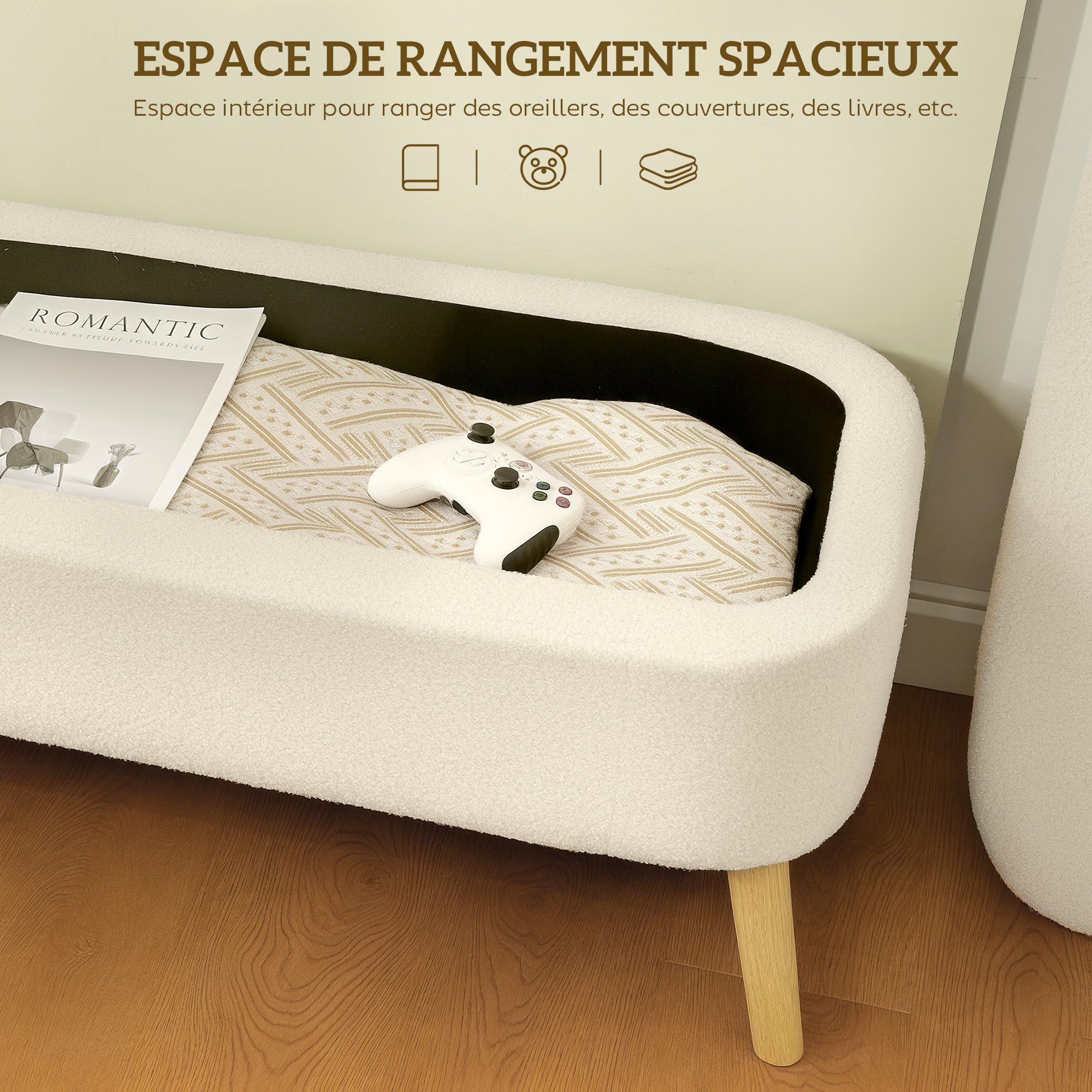 HOMCOM Banc de Rangement en Polaire Teddy 65L Couvercle 120x42x45cm Beige