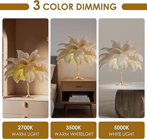 Miniatura 3 de MAYOLA Lámpara de mesa moderna de plumas de avestruz con cable enchufable, lámpara de pie de noche de 3 luces para sala de estar, dormitorio y