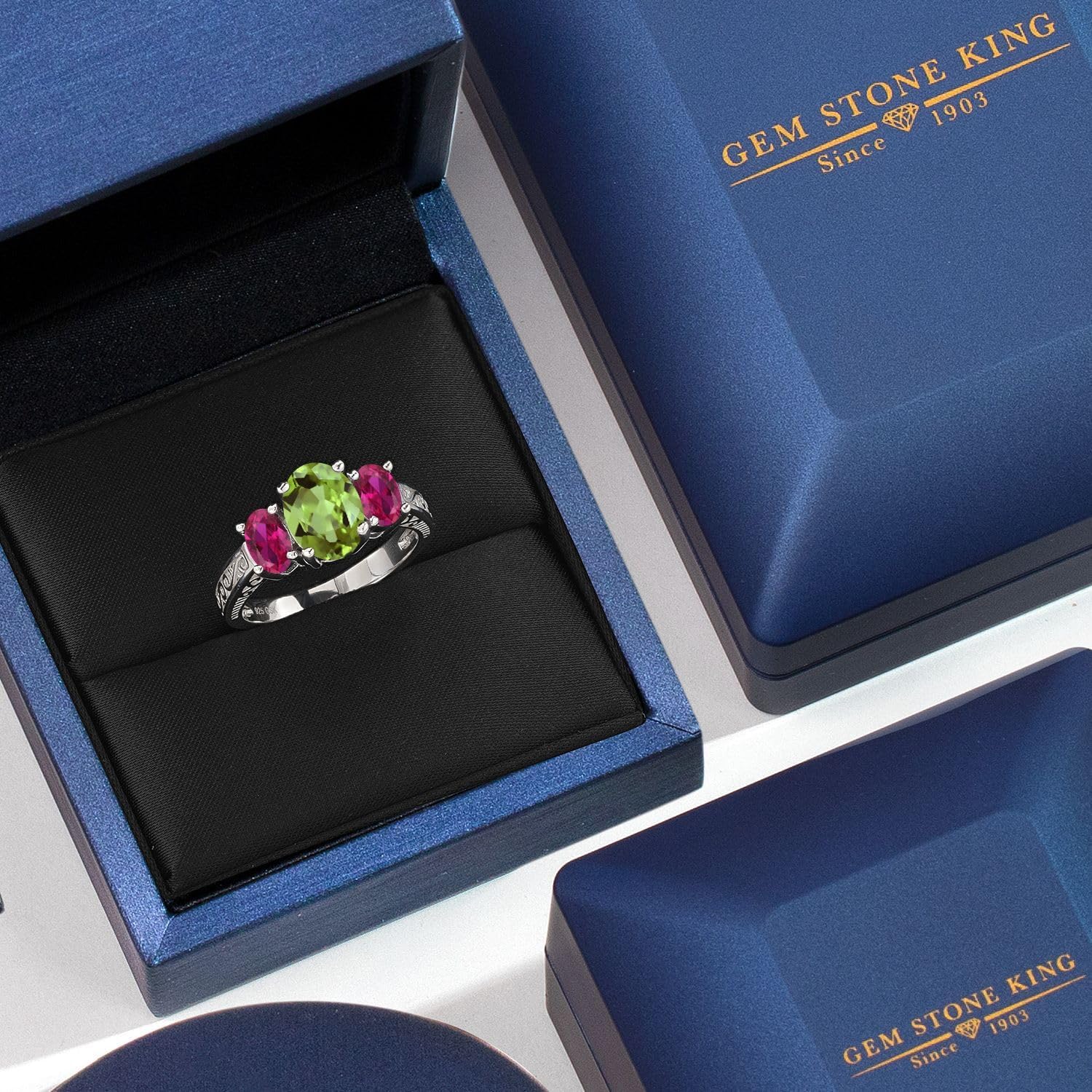 Gem Stone King 2.35 Cttw Green Peridot and Red Created Ruby 3-Stone Ring For Women | 925 Silver | Gemstone Birthstone | Oval 9X7MM and 6X4MM | Wedding Engagement Anniversary Promise Ring - Image 5