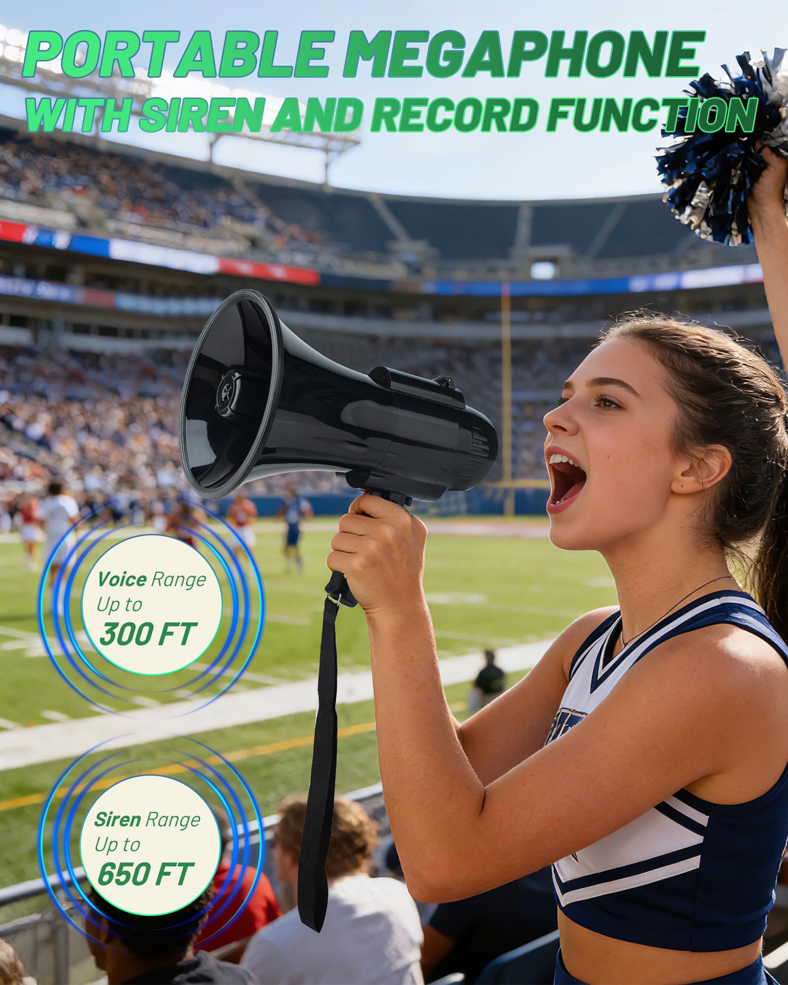 Megaphone Bullhorn Haut-parleur rechargeable Noir 30 W, sirène et enregistrement 240s, mégaphone portable avec sangle et charge de type C (noir)