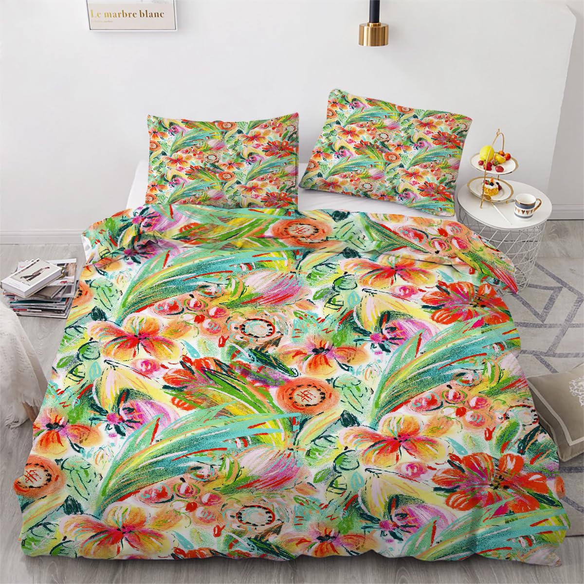 Housse de couette 140x200 fleurs 3D pour chambre d'ado ou studio, parure esthétique réversible