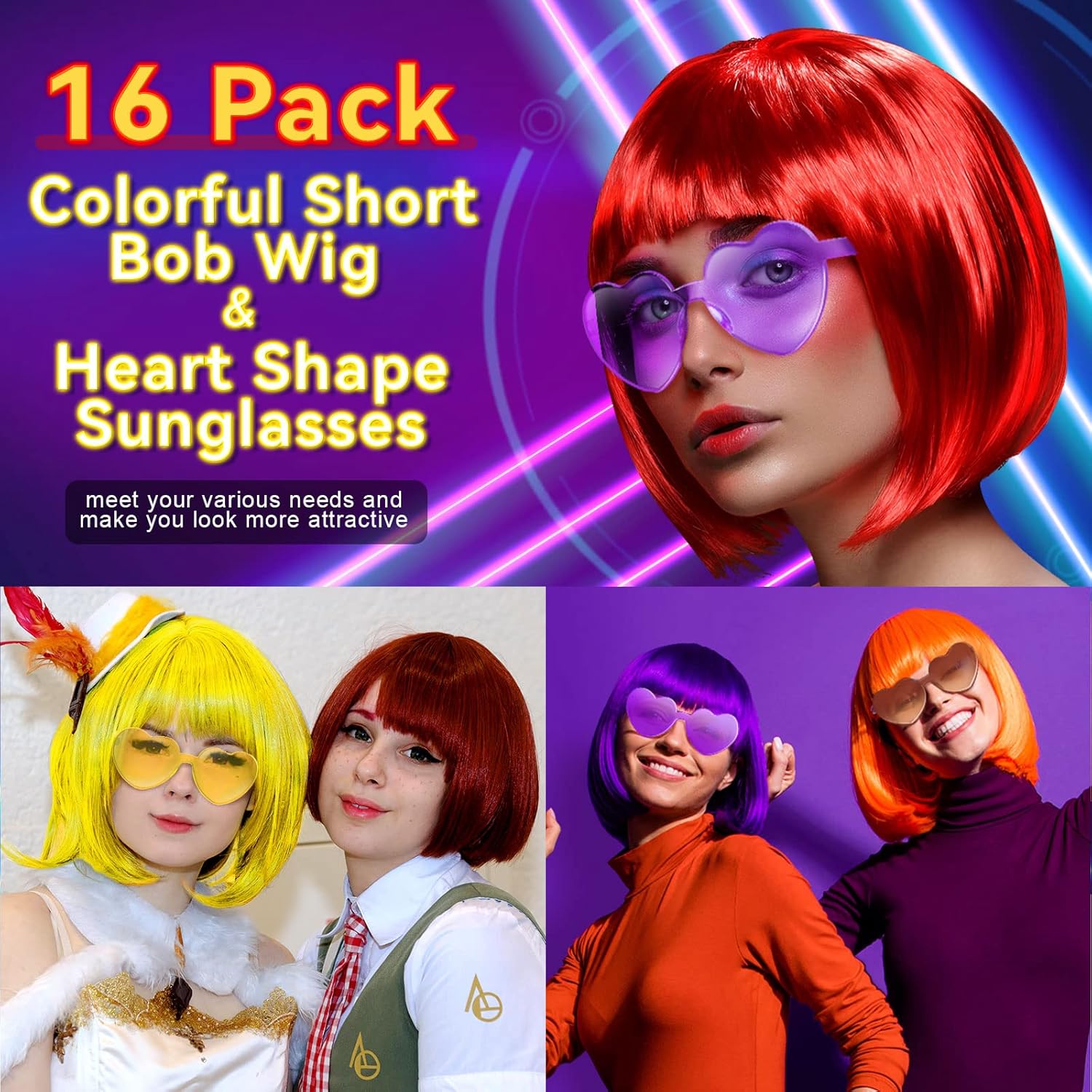 MTLEE 16 Sets Party Wigs and Sunglass Set Colorful Neon Short Bob Wig Hair Hairpieces for Bachelorette Cosplay Favor Supplies(Multi-color) - Image 7