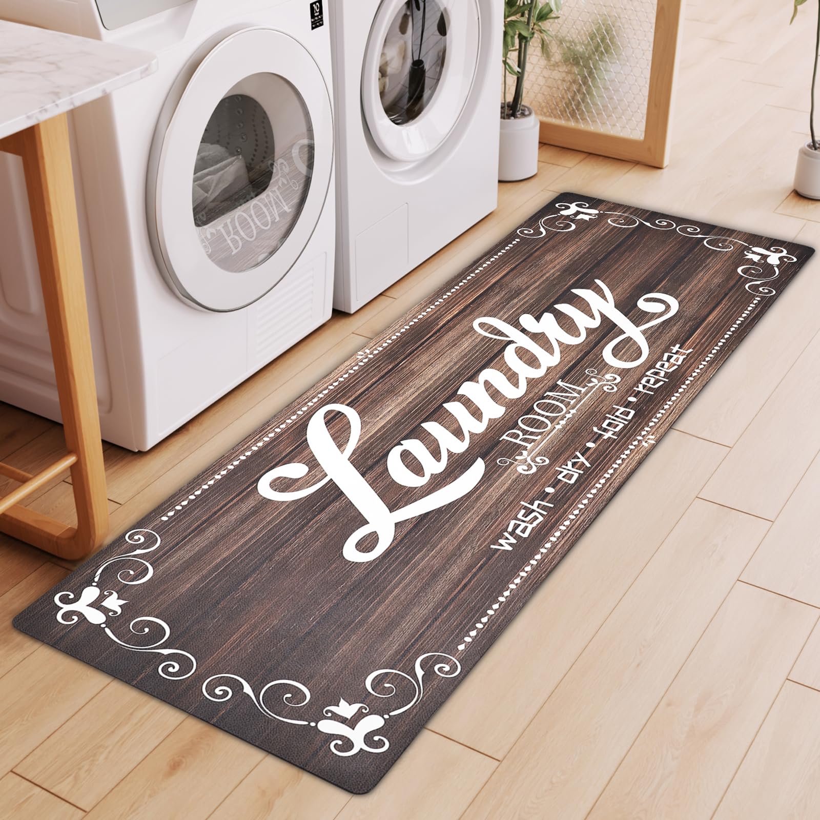 XLHOMO Laundry Room Rug Runner, 17"x60" Non Slip Brown Nappa Leather Laundry Rugs, Farmhouse Washable Floor Laundry Mats for Laundry Room, Kitchen,