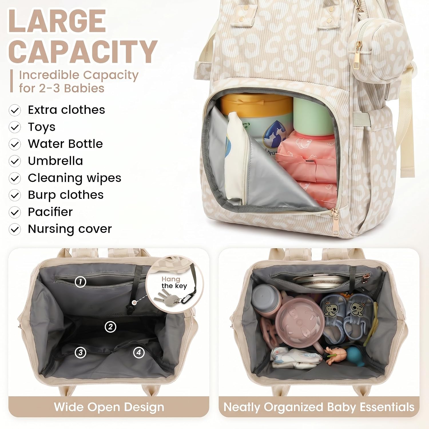 Baby Diaper Bag Backpacks for Mom Dad, Corduroy Large Capacity Multifunction Nappy Bag with Pacifier Case, Baby Travel Essentials Diaper Backpack for Boys Girls - Leopard Khaki
