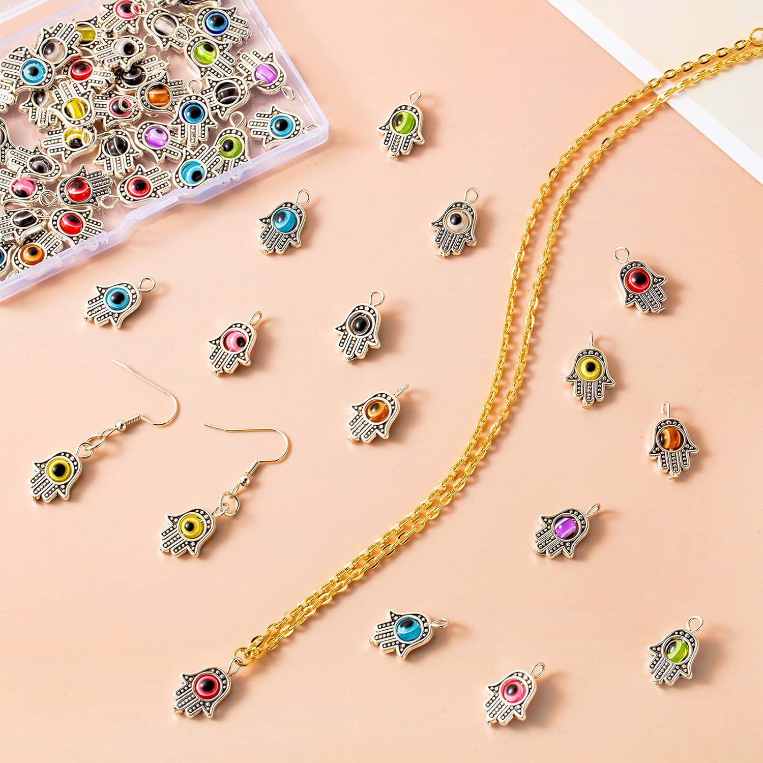 Hicarer 60 Pcs Antique Hamsa Hand Charms Evil Eye Charms for Jewelry Making Fatima Symbol Colorful Evil Eye Hamsa Hand Beads Pedant for Earring Bracelet Necklace DIY Christmas Gift Craft - Image 5