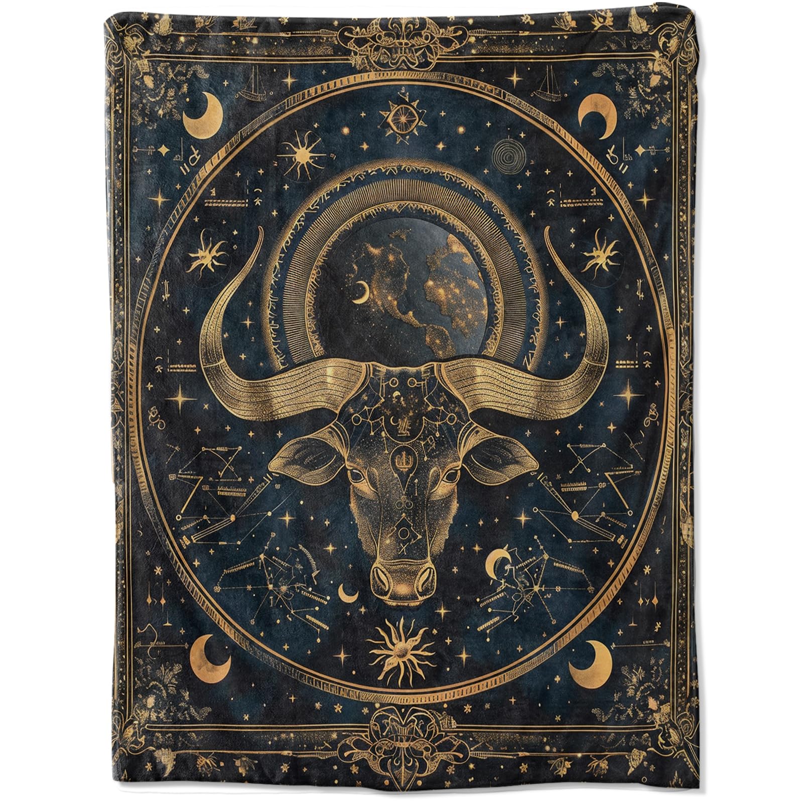 Flannel Blanket with Luxurious Taurus Design Featuring Golden Bull, Celestial Symbols, and a Dark Starry Background 50x60 Inch