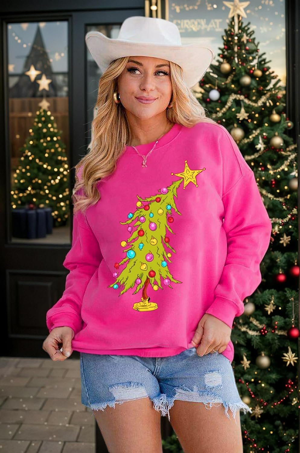 VKEGNIO Christmas Sweatshirts for Women Retro Lights Christmas Tree Graphic Long Sleeve Shirt Xmas Holiday Party Pullover Top - Image 5