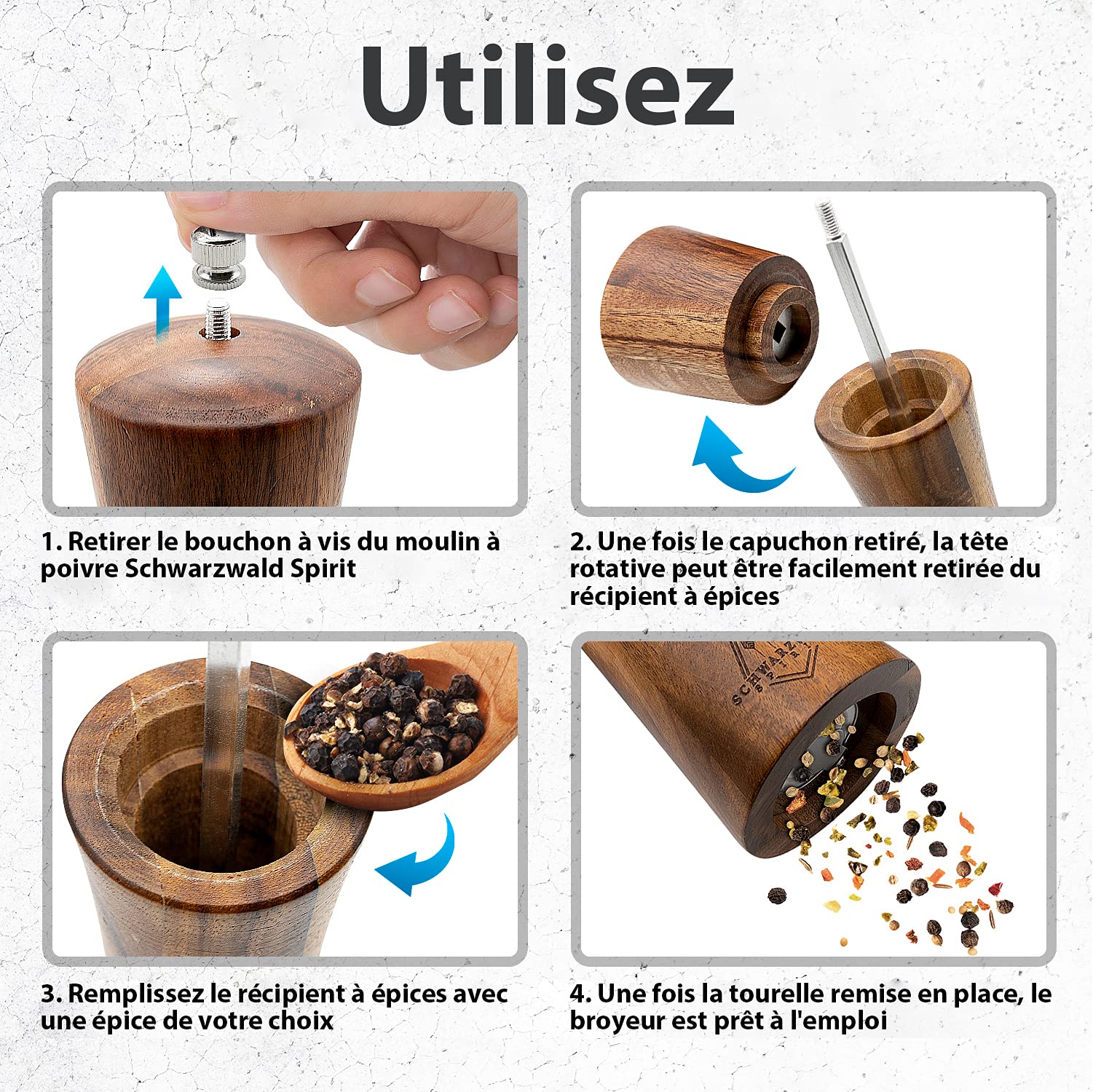 Set de Moulin à Poivre et à Sel en Bois d'Acacia - Salières et Poivrières Manuelles, Rangement et Organisation de Cuisine – 21 cm