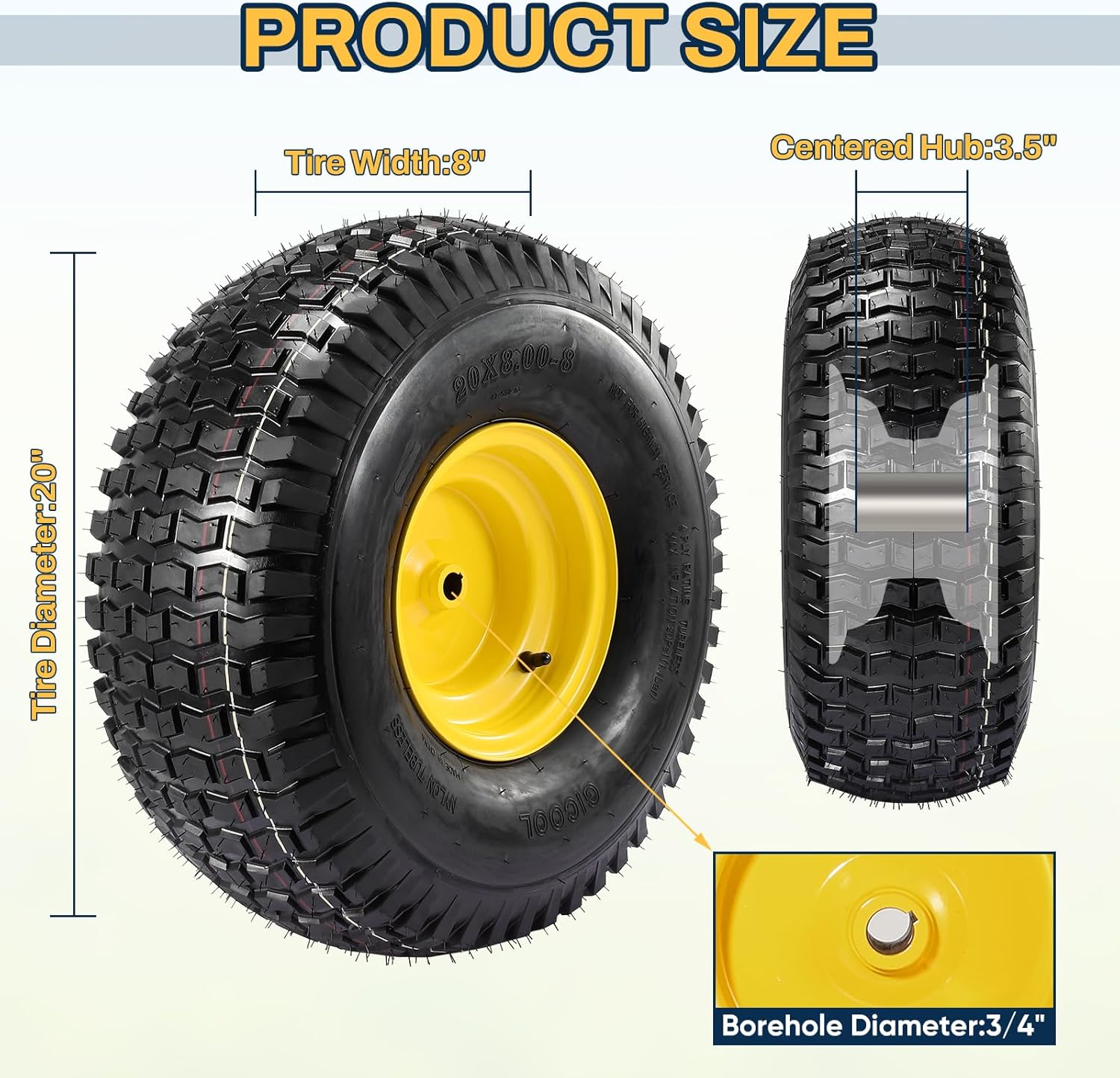 2PCS 20x8.00-8 Rear Tire and Wheel Assemblies, 3/4" Borehole, 3.5" Offset Hub and 3/16" Keyway, 4 Ply, 905lbs Capacity, Replacement for Riding Lawn Mowers