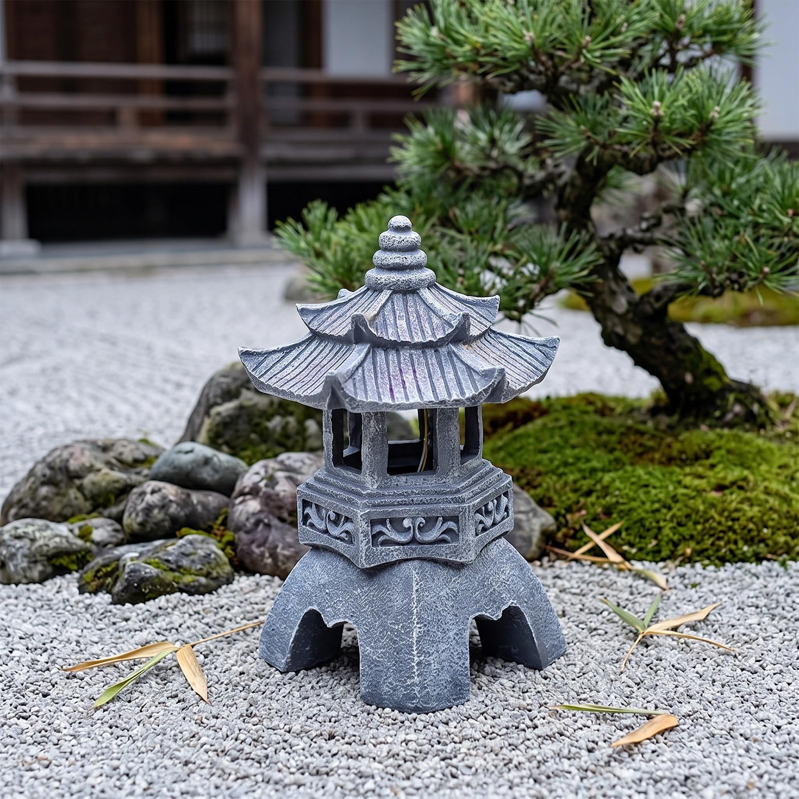 Decorazione da giardino giapponese, lanterna solare in pietra, pagoda, altezza 26 cm, statua zen da giardino per esterni, lampada in resina resistente alle intemperie, decorazione per laghetto, statue