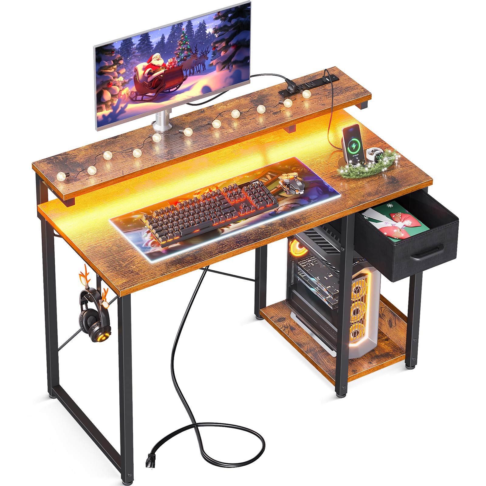 AODK Gaming Desk with LED Lights & Power Outlet, 40 Inch Computer Desk with Drawer, Reversible Small Desk with Monitor Stand & Headphone Hook for Home