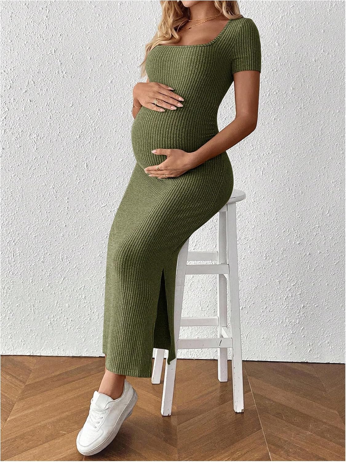 MakeMeChic Women's Maternity Square Neck Bodycon Baby Shower Maxi Dress