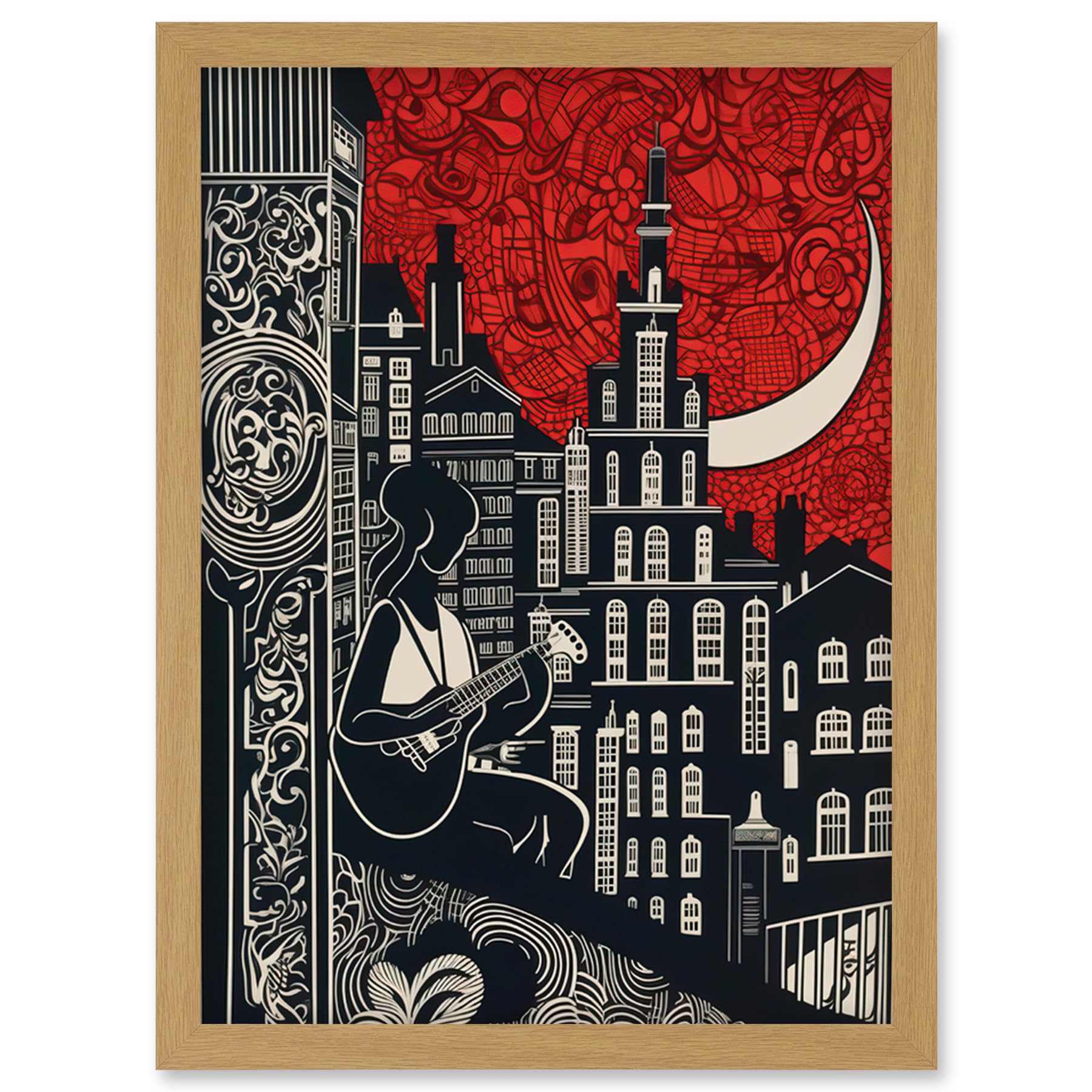 Artery8 Street Musician Guitarist in Edinburgh Cityscape Artwork Framed Wall Art Print A4