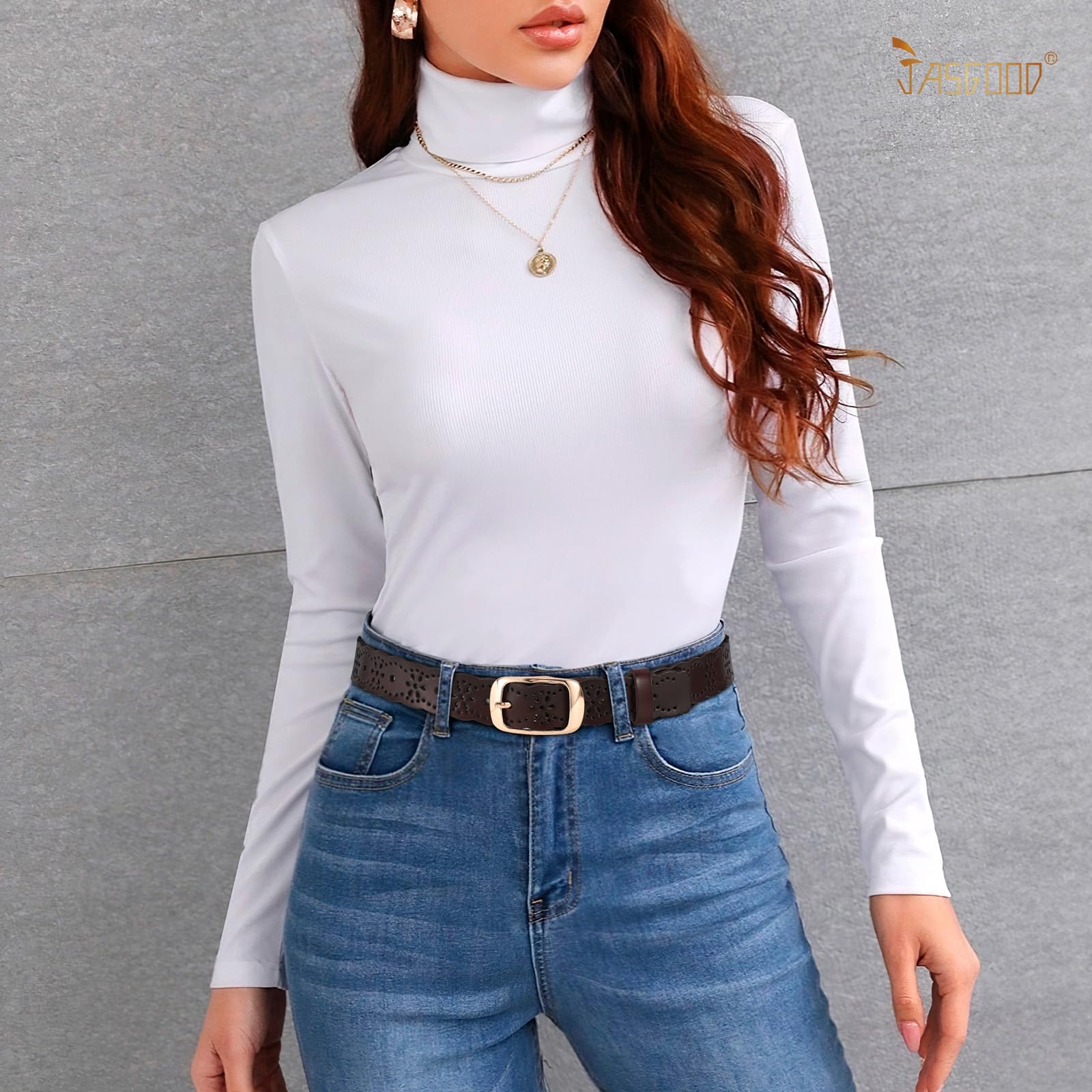 JASGOOD Leather Belt for Women Hollow Flower Leather Belt for Jeans Pants Fashion Waist Belt with Gold Buckle