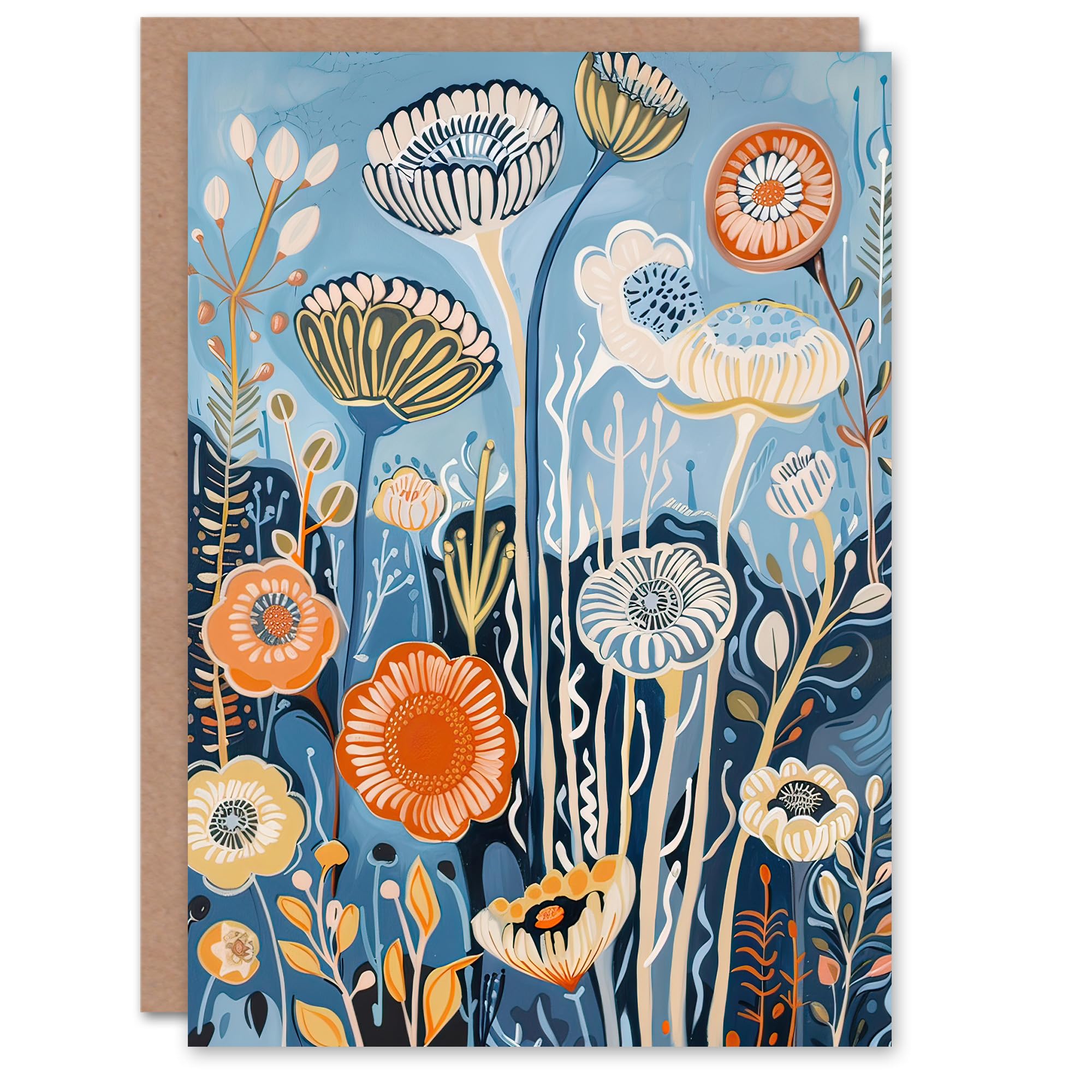 Artery8 Greeting Card Blue Wildflower Sea Garden Painting Modern Floral For Her Woman Birthday Card