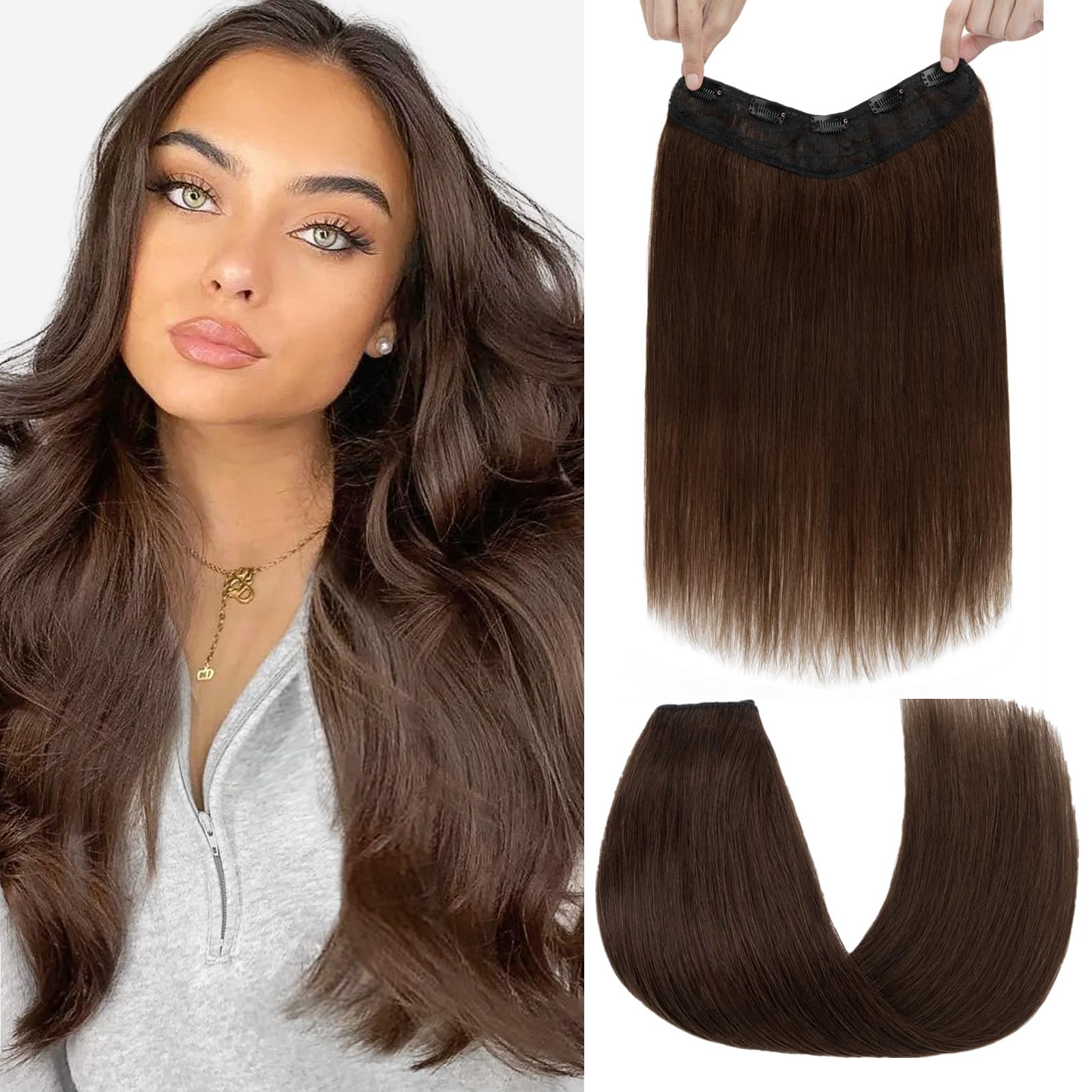 Benehair Clip in Hair Extensions Real Human Hair 18Inches One Piece Real Human Clip in Hair Extensions #4 Medium Brown Hair Extension for Women Upgraded V Type Lace