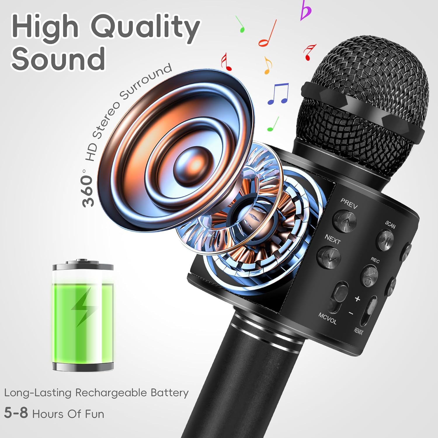 KIDWILL Wireless Bluetooth Karaoke Microphone for Kids and Adults, 5-in-1 Portable Handheld Karaoke Mic Speaker Player Recorder with Adjustable Remix FM Radio for Girls Boys Teens Adults