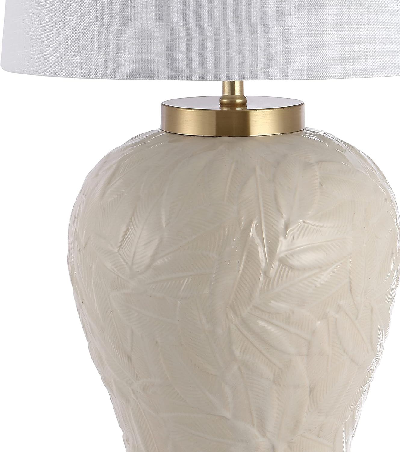 JONATHAN Y 31.5" Cream Ceramic Palm Leaf Table Lamp, Bohemian Cottage Tropical Pattern Lamp for Bedroom Living Room, White Linen Empire Shade, LED Bulb Included JYL6617A