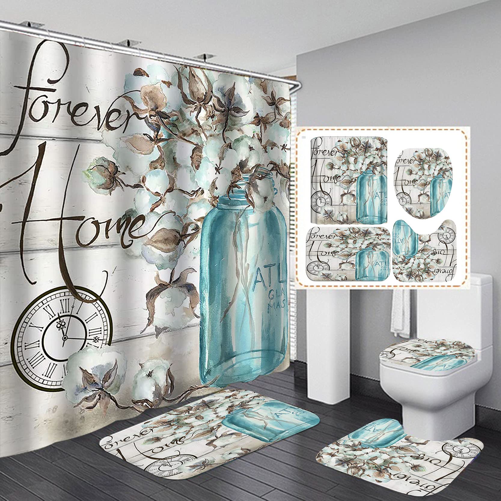 SKAILIÉ 4PCS Cotton Flower Shower Curtain Set, White Floral Shabby Chic French Country Rustic Farmhouse Bathroom Decor, Waterproof Fabric Shower Curtain, Non-Slip Bath Mat Toilet Rug, Forever Home