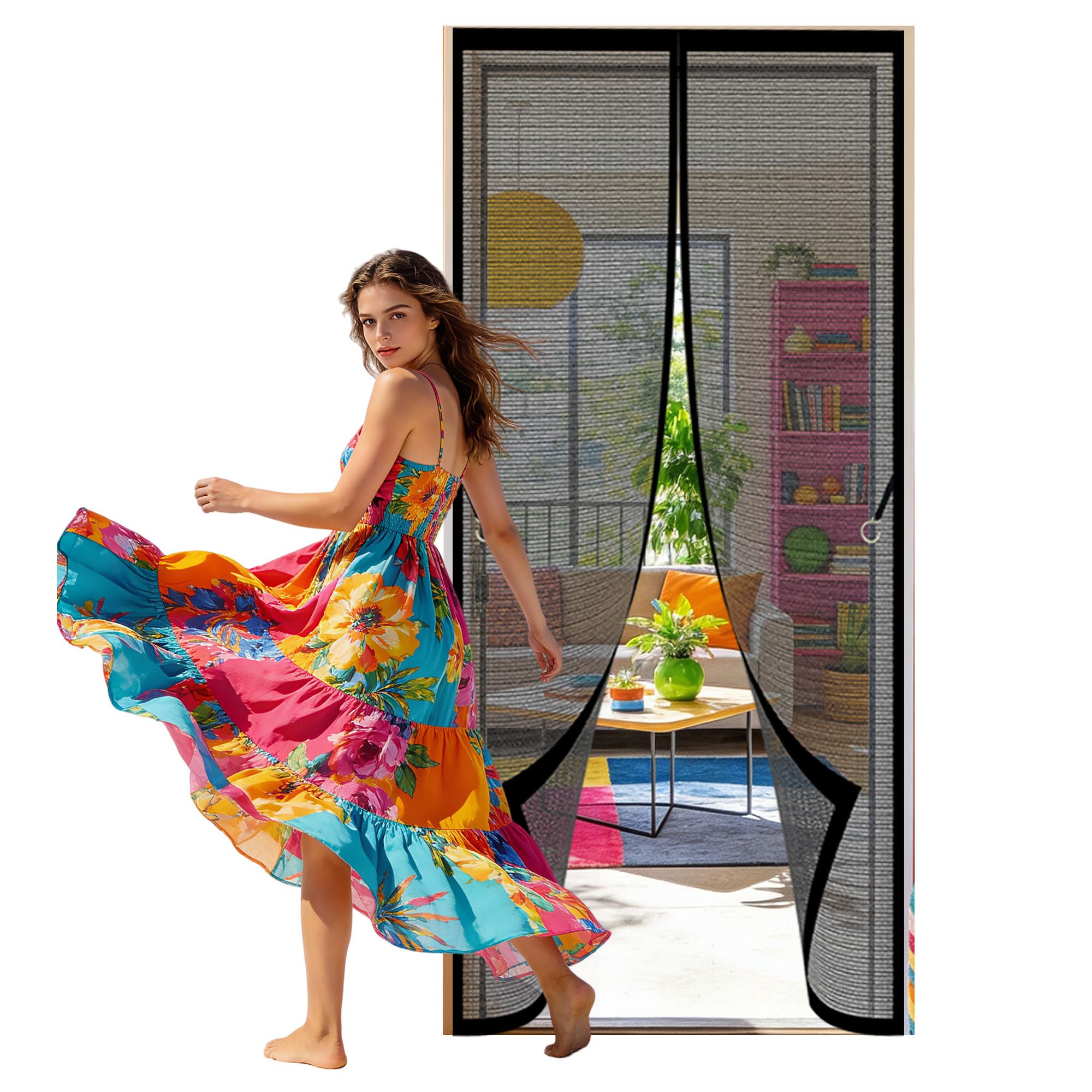 Fly Screen Door 139 x 264 cm with Full Length Magnets No Gap Auto Closes Magic Paste Curtains Keeps Flies Mosquitoes Out for Living Room, Bedroom, Patio, Black