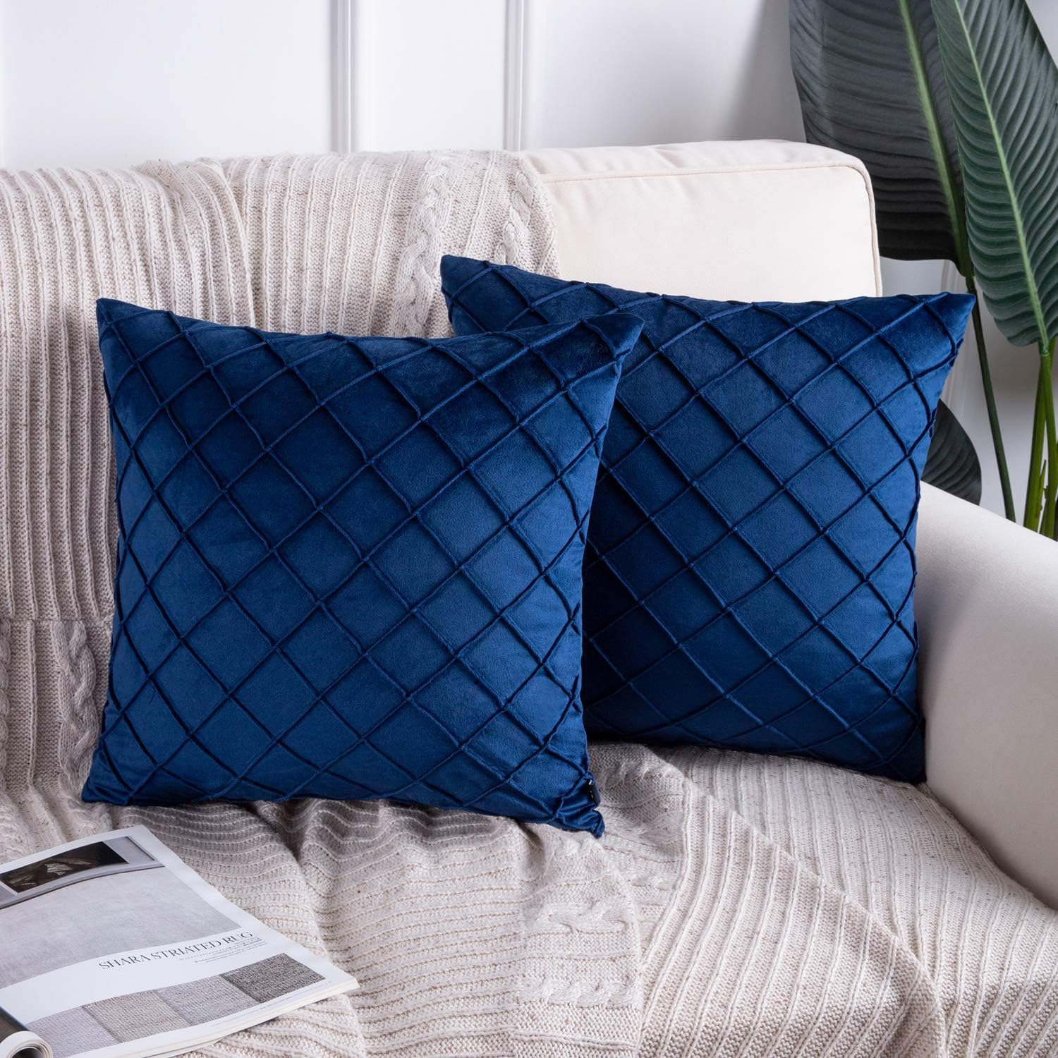 Phantoscope Pack of 2 Velvet Decorative Pleated Throw Pillow Covers Soft Solid Square Cushion Case for Couch Navy Blue, 18 x 18 inches 45 x 45 cm