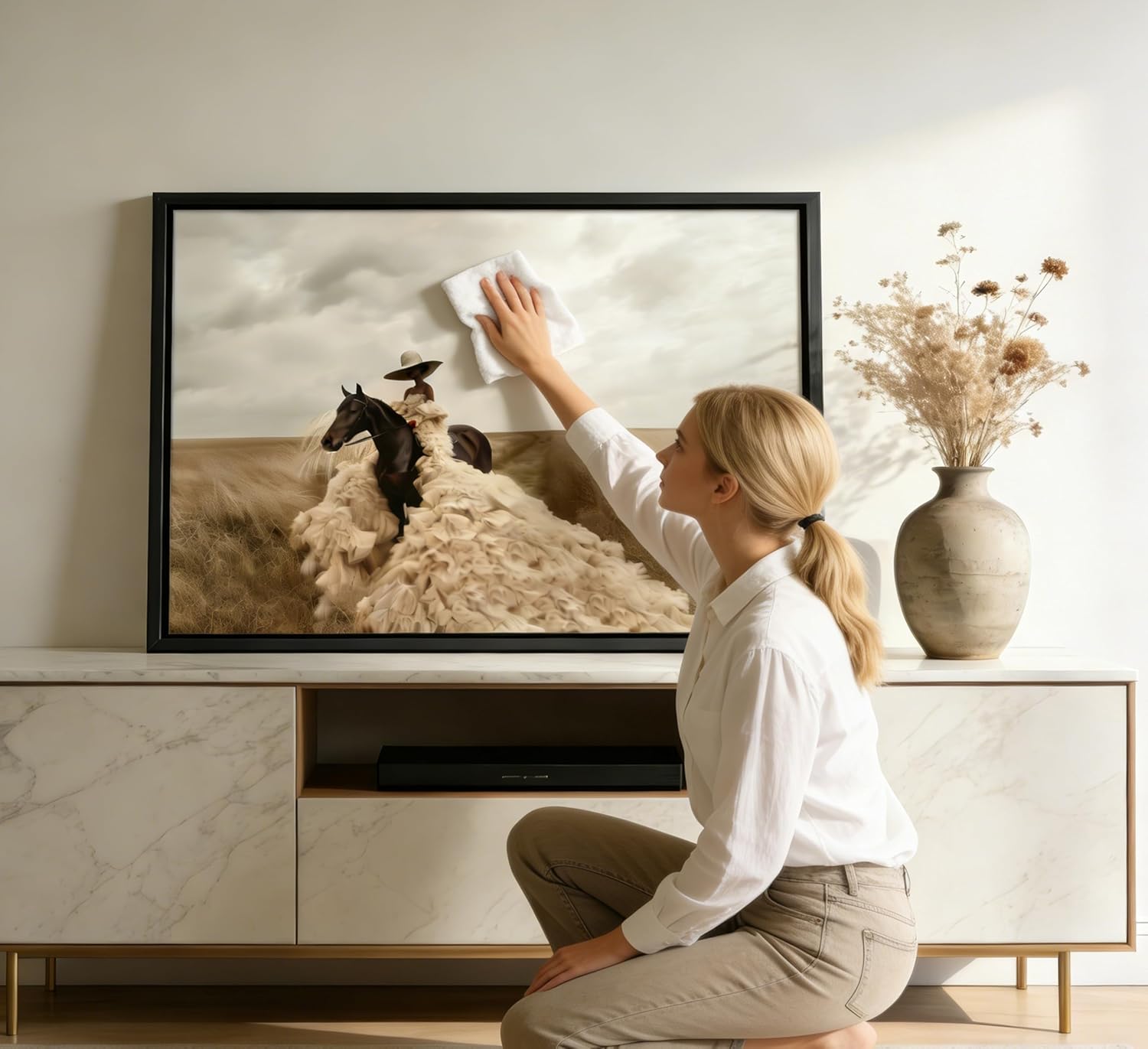 Framed Fashion Black Girl Riding Horse Canvas Wall Art Trendy African American Black Woman Painting Picture Wall Decor Cowgirl Poster Print Artwork for Living Room Gallery Home Decoration 12x16in