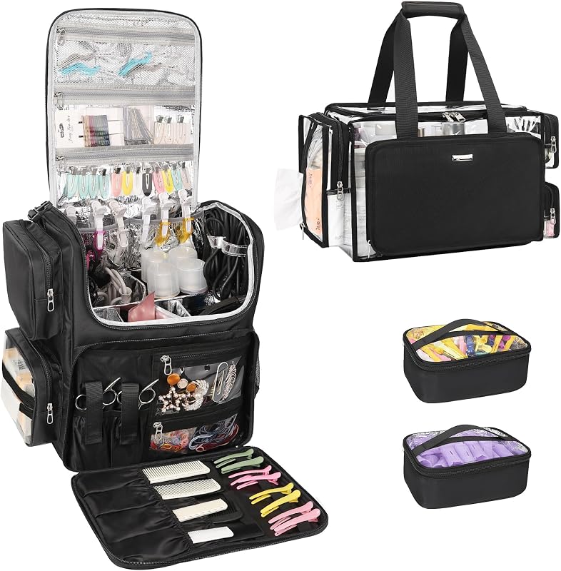 Relavel Bolsa de viagem para ferramentas de cabelo com rodinhas e necessaire transparente, preta, Modelo 250422