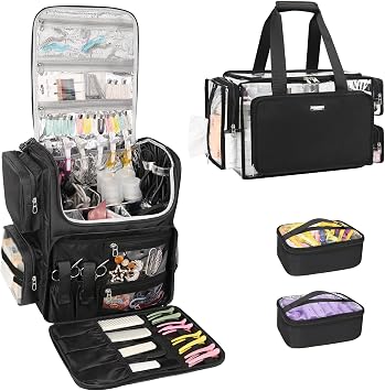 Relavel Hair Tools Travel Bag with Clear Makeup Bag, Hair Stylist BarberBag on Wheels Hairdresser Cosmetology Bag Case with Four 360 Degree Spinner Wheels, Heat Insulation Full Layer for Curling Iron