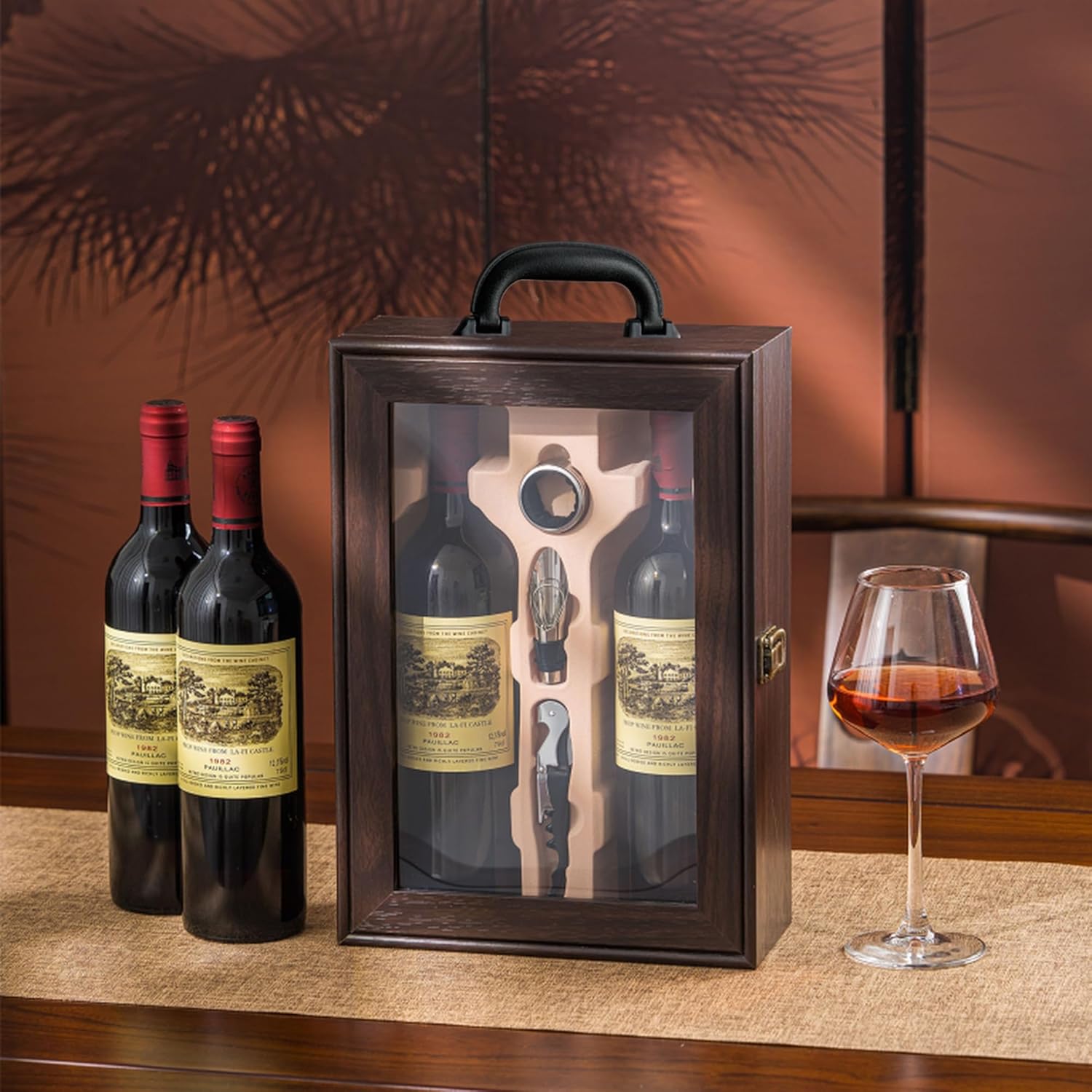 Wine Box, 2 Bottle Top Handle with 3 Accessory Gift for Wedding,Party,Gift,Birthday,Vintage Walnut wood Wine Storage Box for Home Bar Decor,Handmade Premium Carrier Case