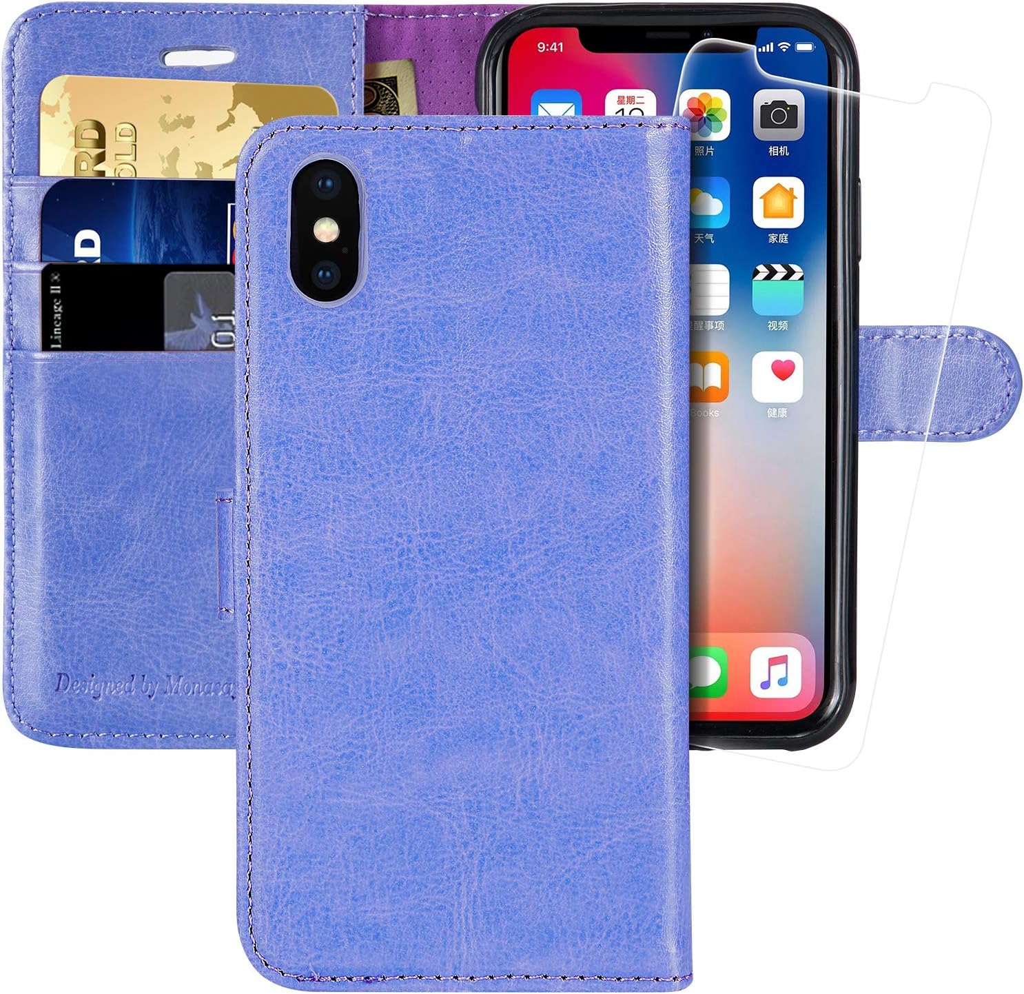 MONASAY iPhone X Wallet Case/iPhone Xs Wallet Case,5.8inch, [Glass