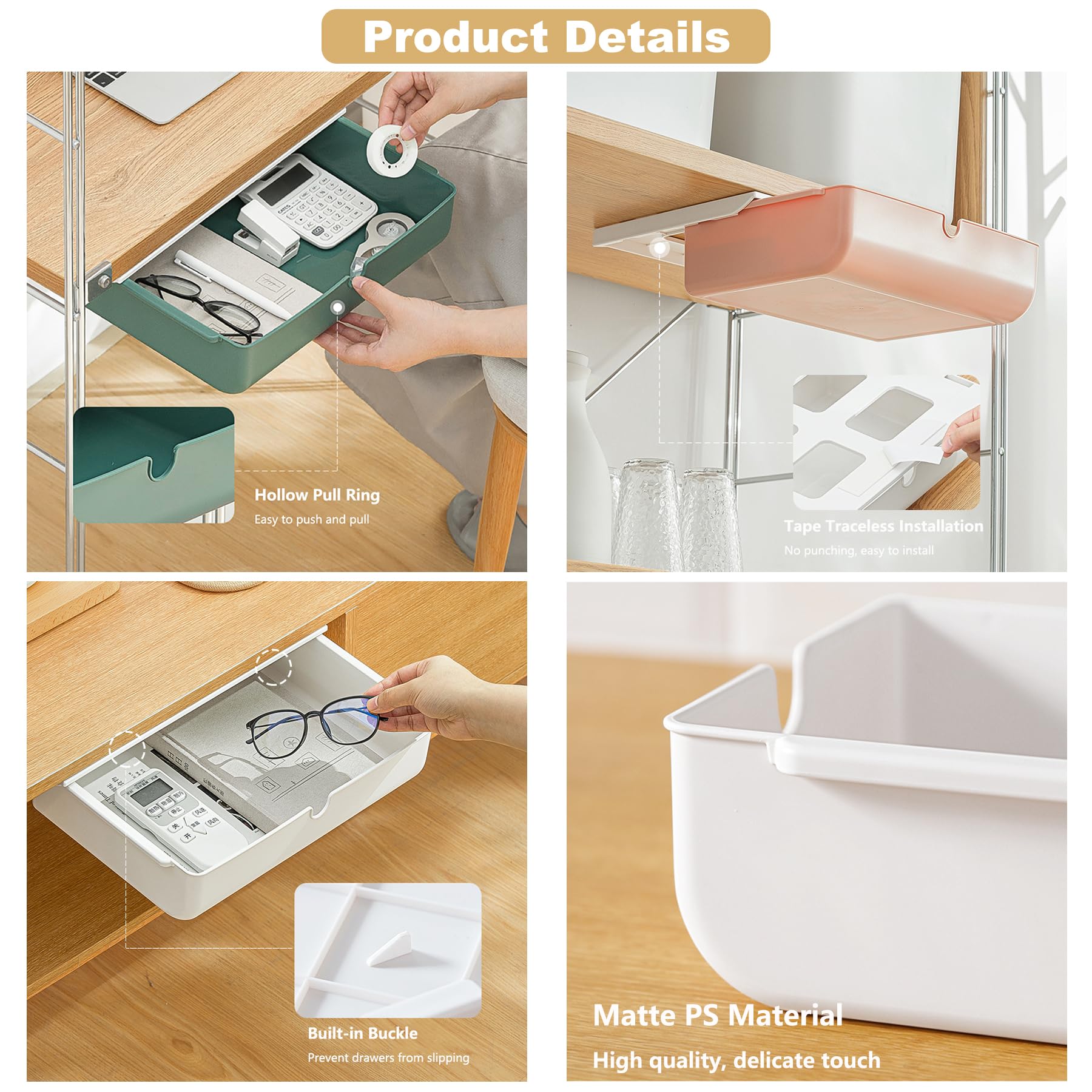 Under Desk Storage Drawer, White, Slide Out Design, 2 Installation Methods, Clear Plastic Stick - View #5