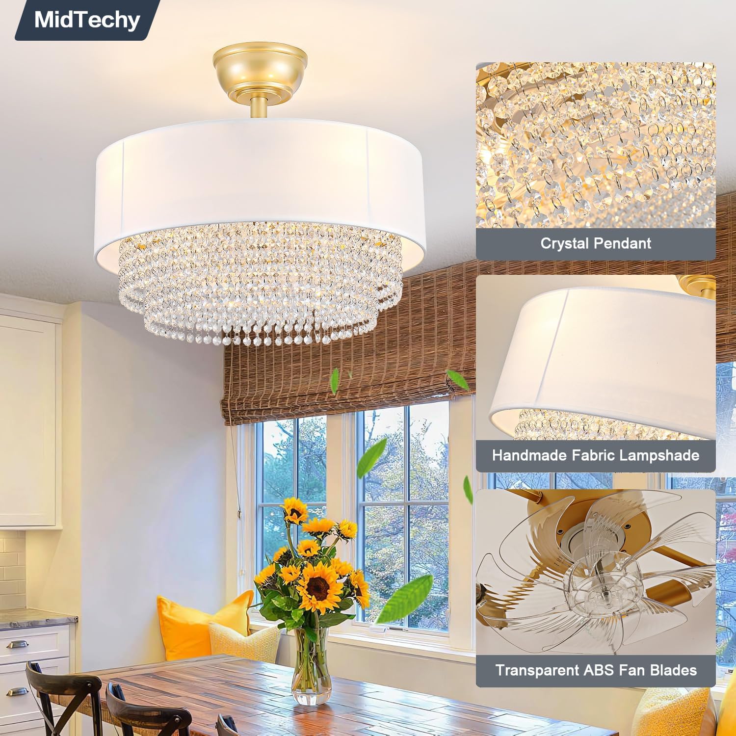 20" Gold Fandelier Ceiling Fan with Light,Crystal Ceiling Fan,Chandelier Ceiling Fan,Boho Ceiling Fan,Bladeless 6-Speed Reversible DC Fan with Remote & APP for Bedroom,Farmhouse,Kitchen