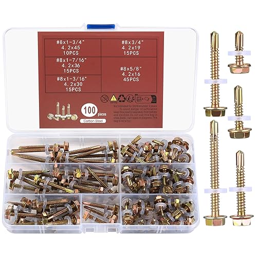 100 tornillos autorroscantes con arandela de goma, tornillos autoperforantes para metal, tornillos de chapa metálica autorroscantes, cabeza