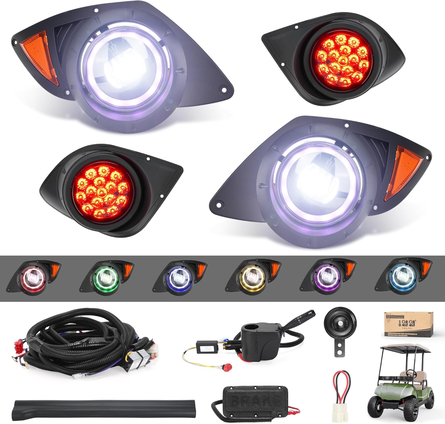 10L0L Golf Cart Headlight and Tail Light Kit for Yamaha G29 Drive 2007-2016, RGB LED Street Legal Light Kit with Turn Signals, Wiring Harness, DRL, Horn, Brake Lights & Music Sync (36V/48V)