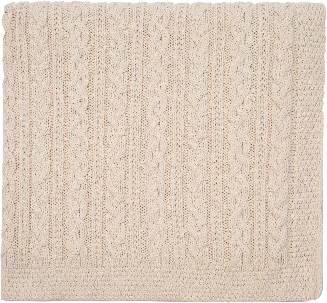 SAOL Knitwear Bed Scarf Runner Irish Chunky Cable Knit Throw Cover Made of Soft Wool Blend (Natural, King Bed)