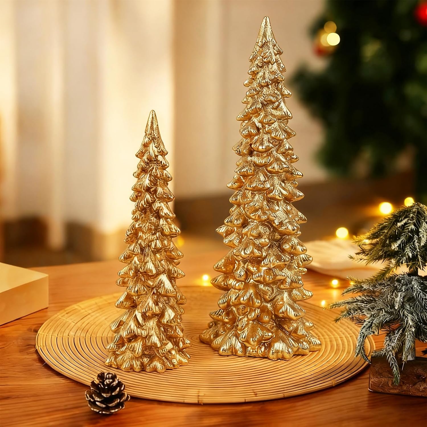 Set of 2 Gold Glitter Resin Trees,Small Pine Tree Figurines Decorative Christmas Trees Tabletop Centerpieces Decor for Christmas,Xmas,Holiday,9.6'' / 6.1''