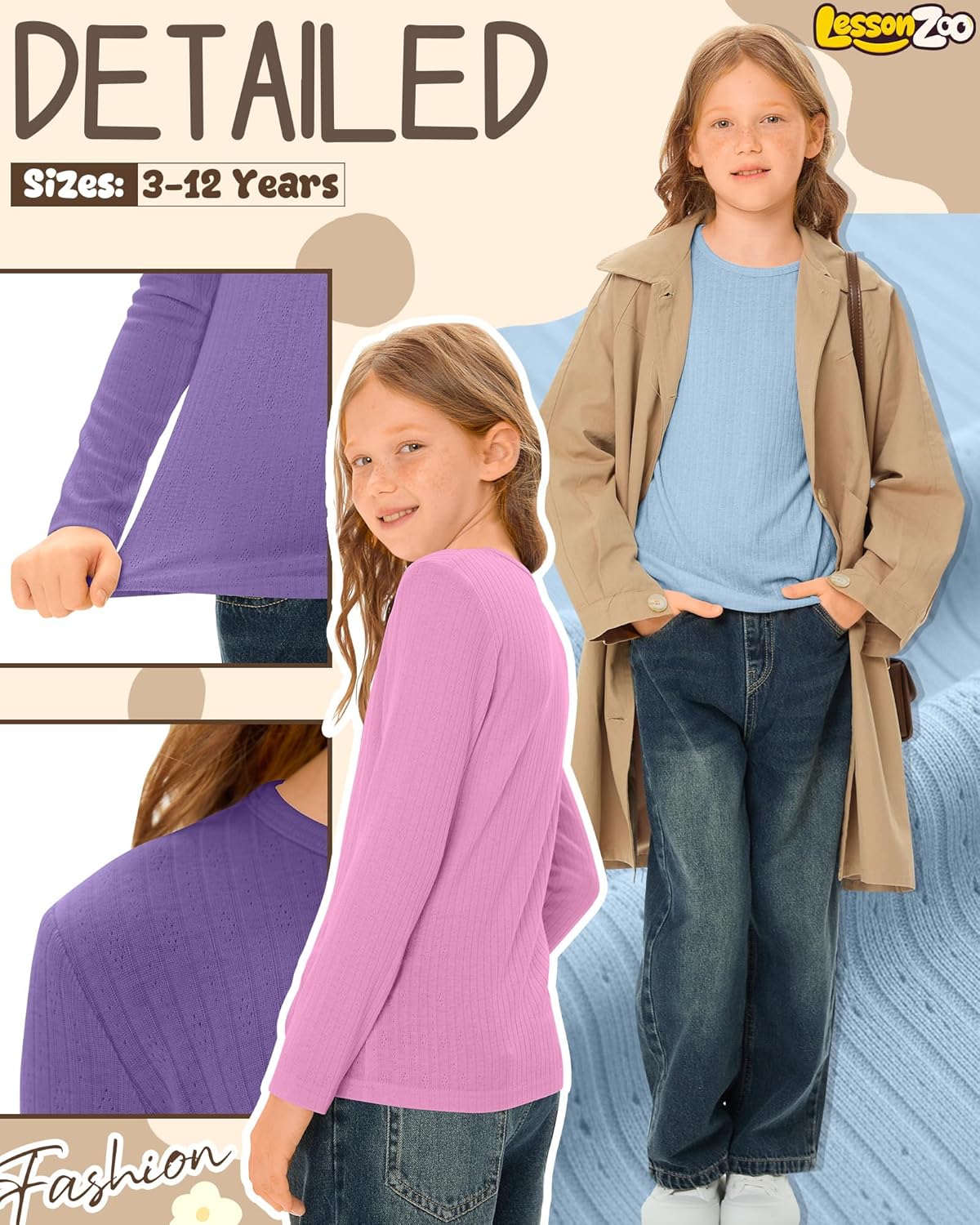 3 Pack Girls Ribbed Long Sleeve Shirts, Cotton Crew Neck Jacquard Tops Kids Casual Layer Knit Basic Tees 3-12 Years - Image 5