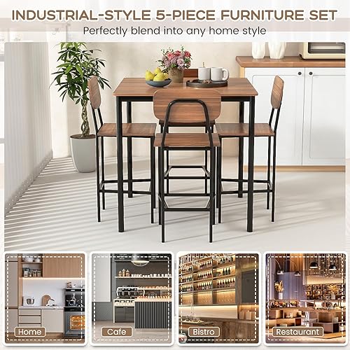 Miniatura 5 de Giantex Juego de mesa de comedor de 5 piezas con mesa de altura de mostrador y 4 taburetes de bar, juego de mesa de comedor de cocina industrial con
