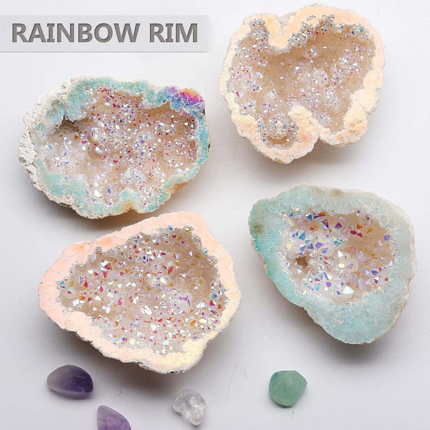 Yougoals Natural Geode Quartz Crystals,Rainbow Titanium Coated Quartz Specimen,White Geode Rainbow Crystal Cluster Natural Crystals and Healing Stones Decor 1PK Angel Aura Quartz - Image 2