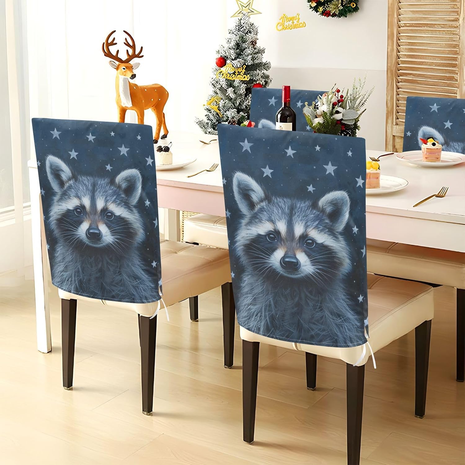 ALAZA Raccoon and Stars Chair Back Cover Set of 6, Washable Reusable Removable Chair Slipcovers Decorative Chair Cover for Home Kitchen Wedding Party