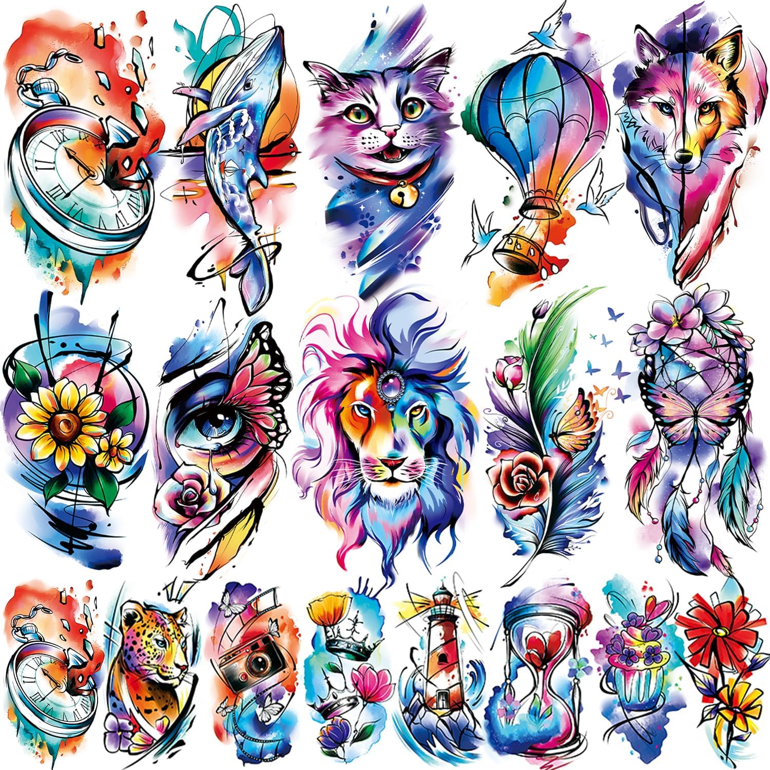 Acevegue 79 Hojas Tatuaje en acuarela, 15 Hojas Grandes Realistas León y Lobo Tatuajes Falsos, 64 Hojas 3D Pequeñas Flores y Mariposas Tatuajes Temporales de Colores para Adultos, Mujeres y Hombres